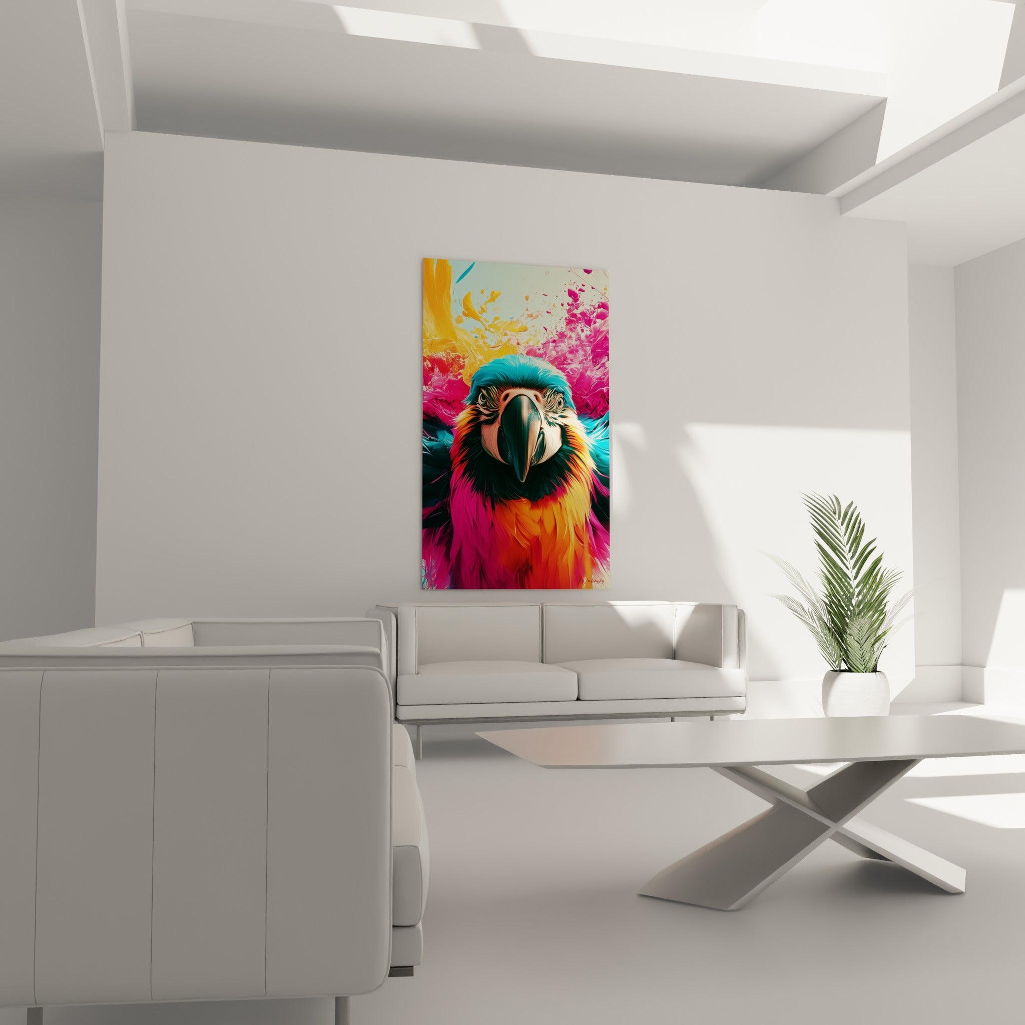 Oiseau exotique aux couleurs vives, fuchsia et orangé, disposé au-dessus d'un canapé dans un salon lumineux