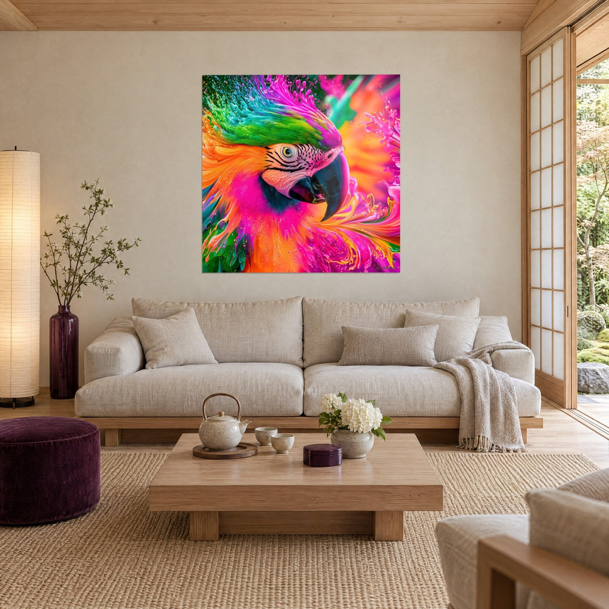 Gemälde Ara mit wirbelnden fuchsiapinken und leuchtend grünen Federn, durchdringendes goldenes Auge, über einem Sofa in einem hellen Wohnzimmer