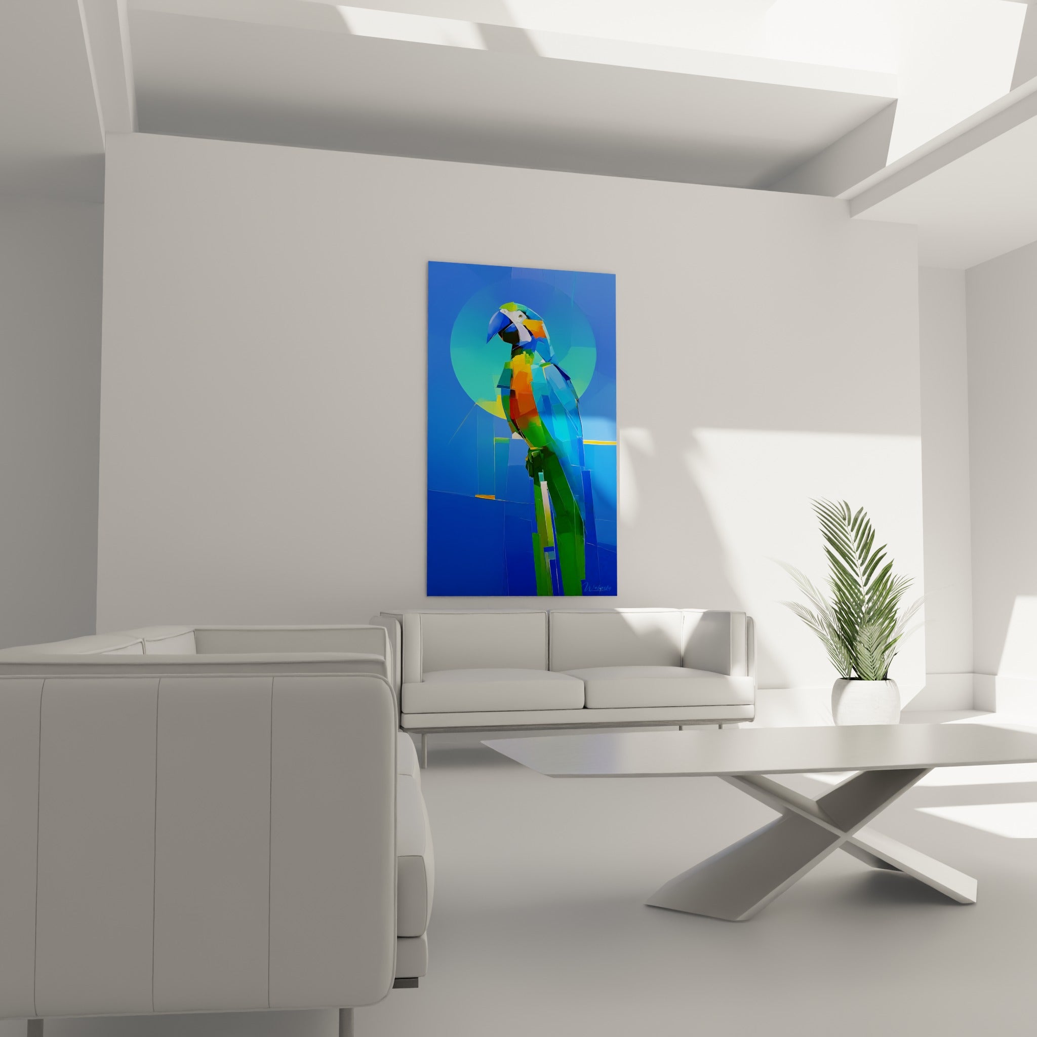 Oiseau tropical bleu vif et vert éclatant en plans facettés, au-dessus d'un canapé dans un salon lumineux