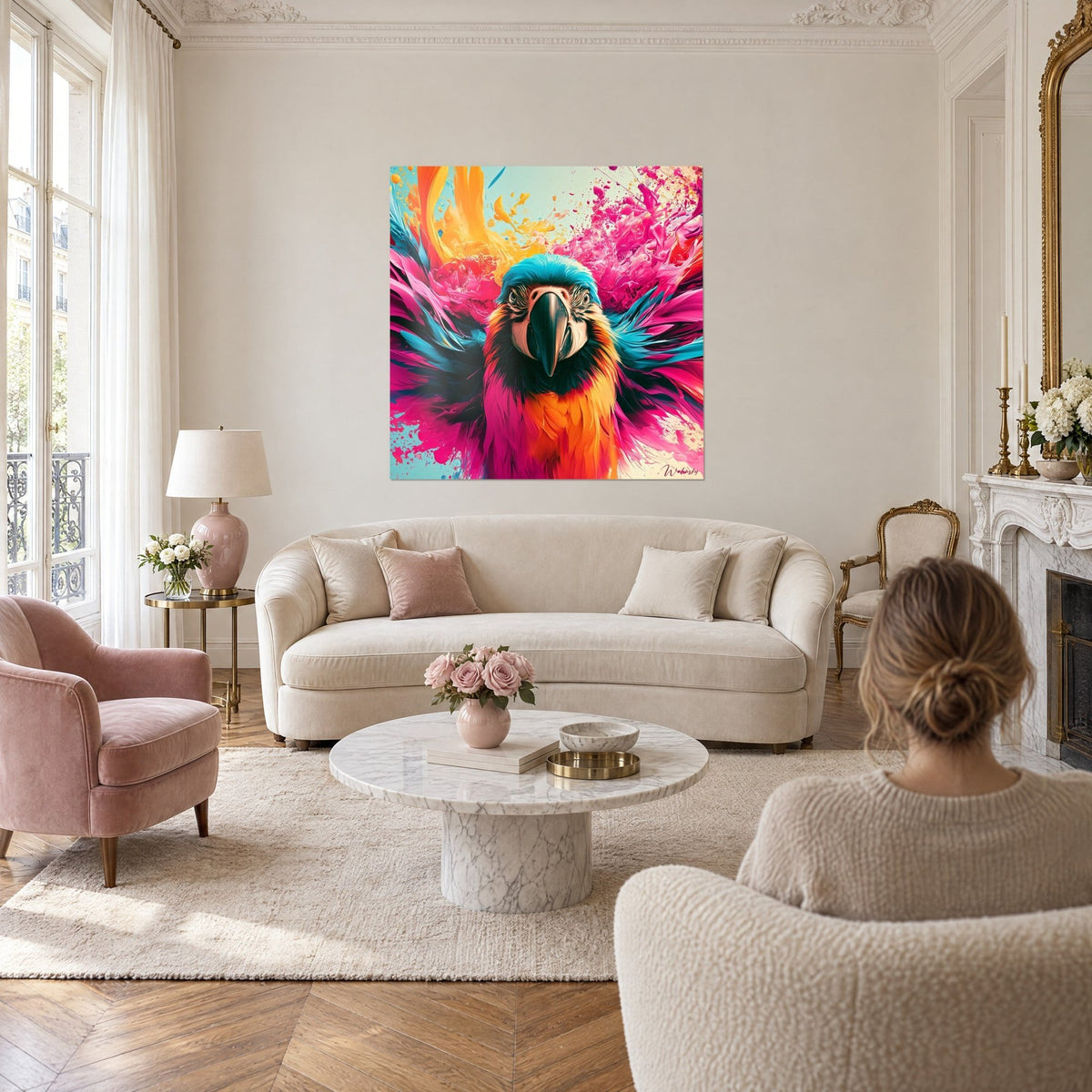 Gemälde Ara frontal mit fuchsiafarbenen, spritzigen Federn, schwarzem Schnabel und türkisfarbener Kopfhaube, über einem Sofa in einem hellen Wohnzimmer