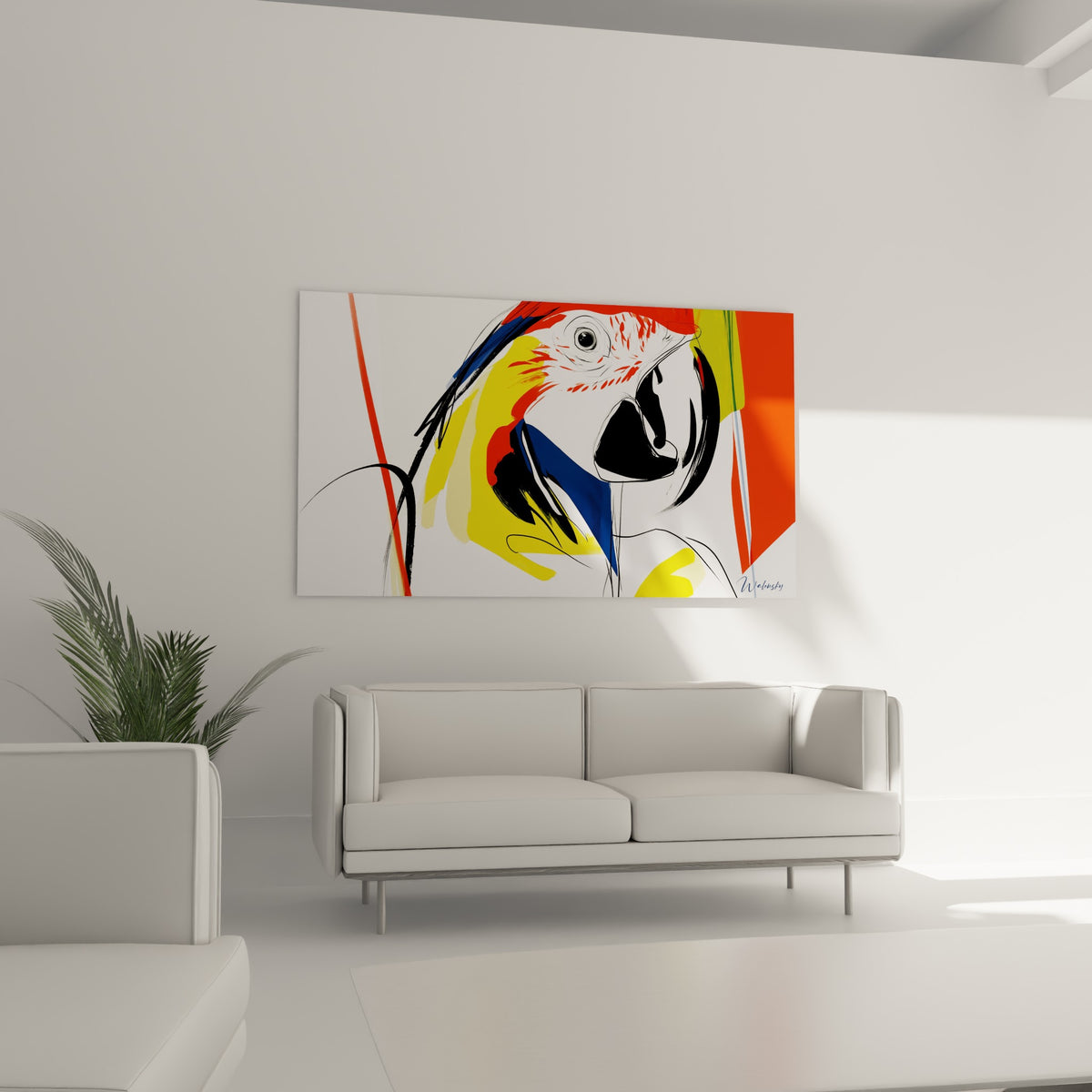 Perroquet coloré aux traits noirs vifs, orange et jaune, au-dessus d'un canapé dans un salon lumineux
