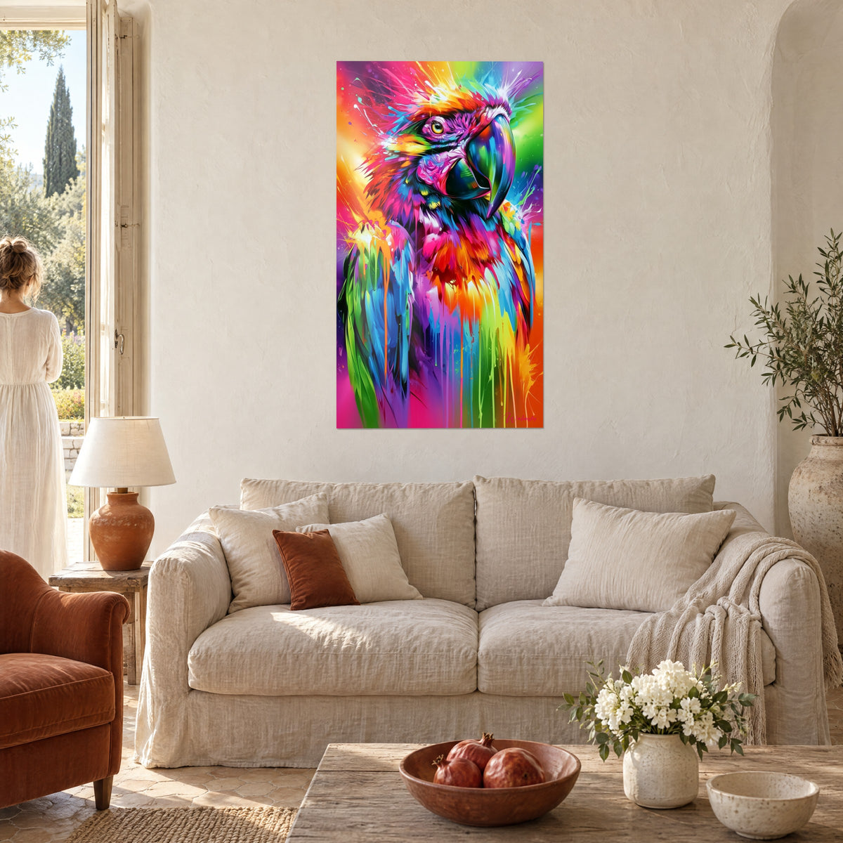 Tableau perroquet ara aux plumes fuchsia et turquoise, coulures orange, deux personnes de dos, au-dessus d'un canapé dans un salon lumineux
