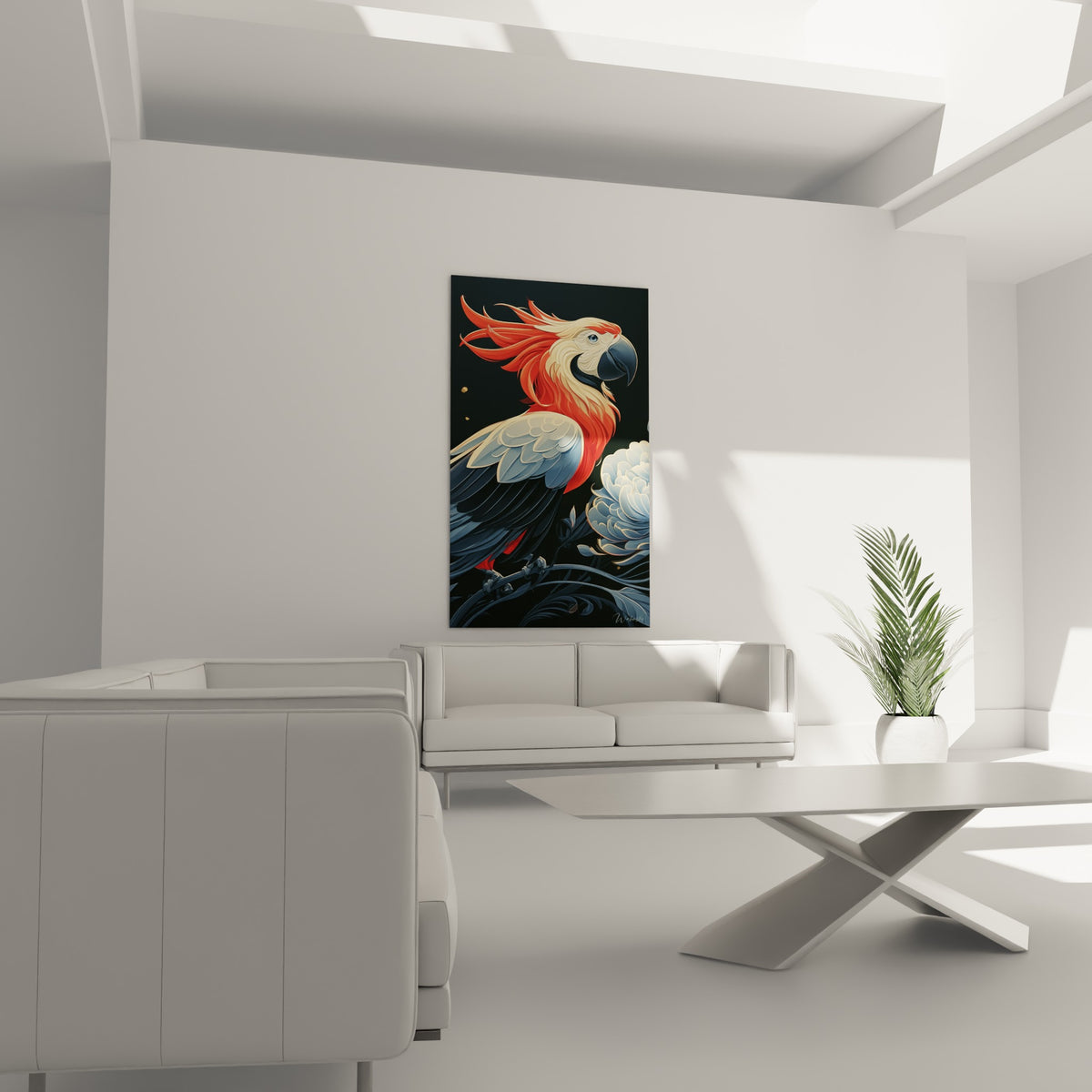 Plumage rouge et anthracite du perroquet posé près d'une fleur pastel au-dessus d'un canapé dans un salon lumineux