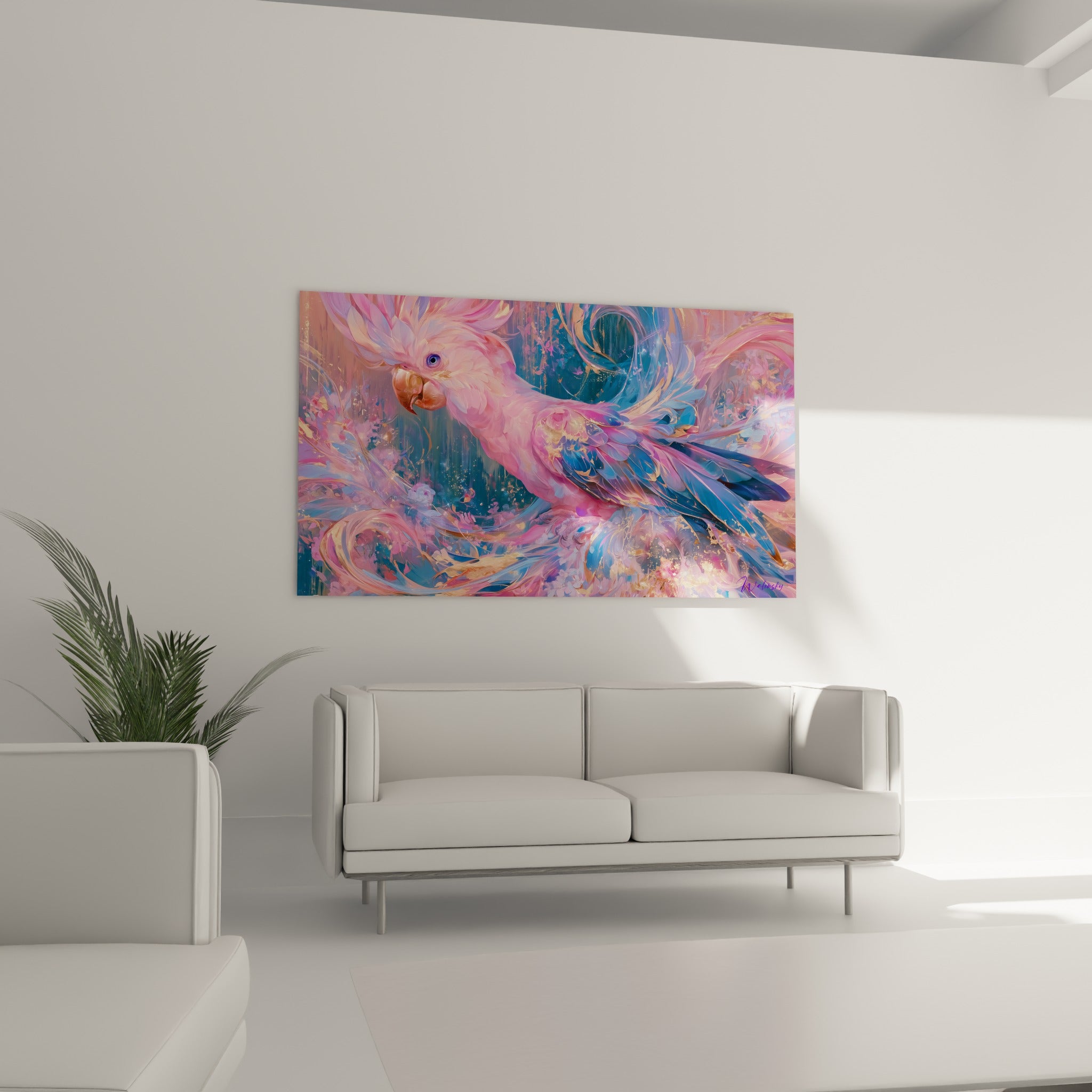 Oiseau exotique rose poudré et bleu profond, bec doré, disposé au-dessus d'un canapé dans un salon lumineux