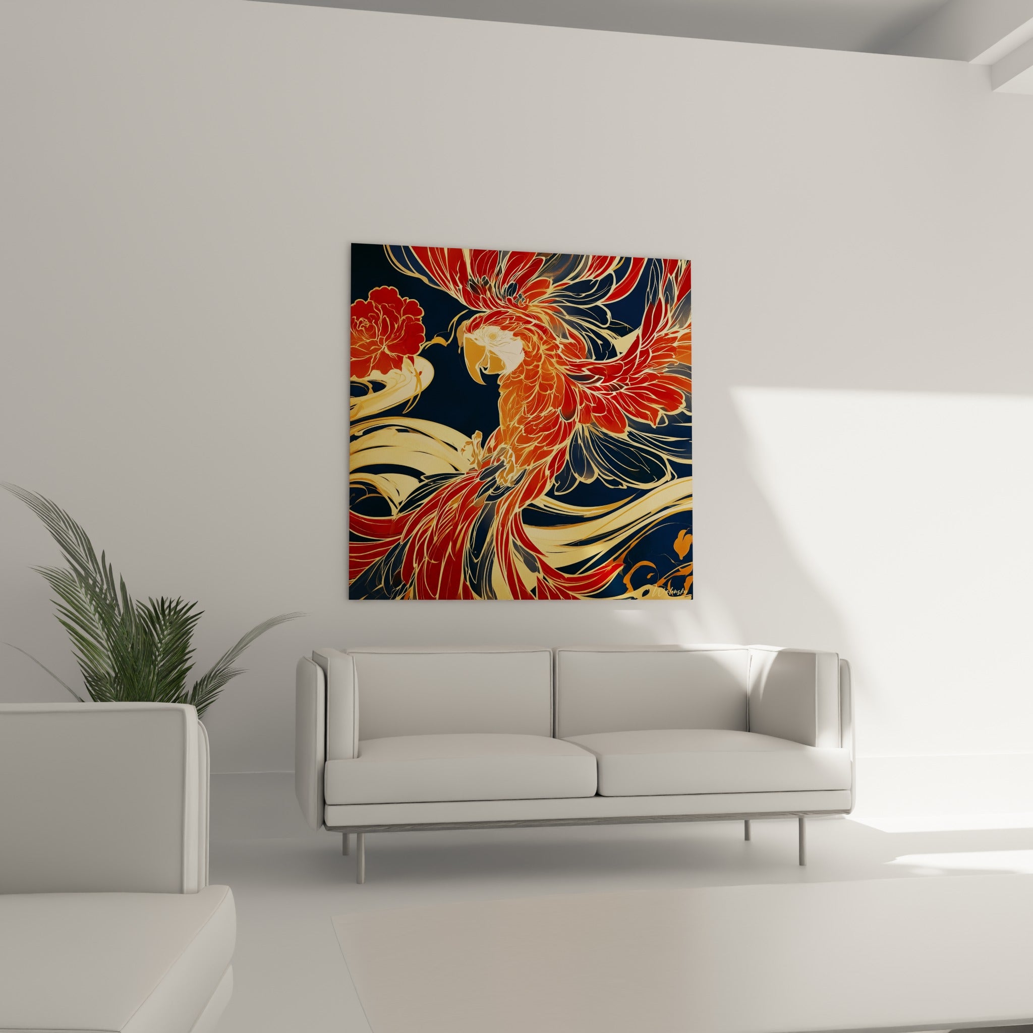 Volutes rouge et doré d'un perroquet exotique sur fond bleu nuit, au-dessus d'un canapé dans un salon lumineux.