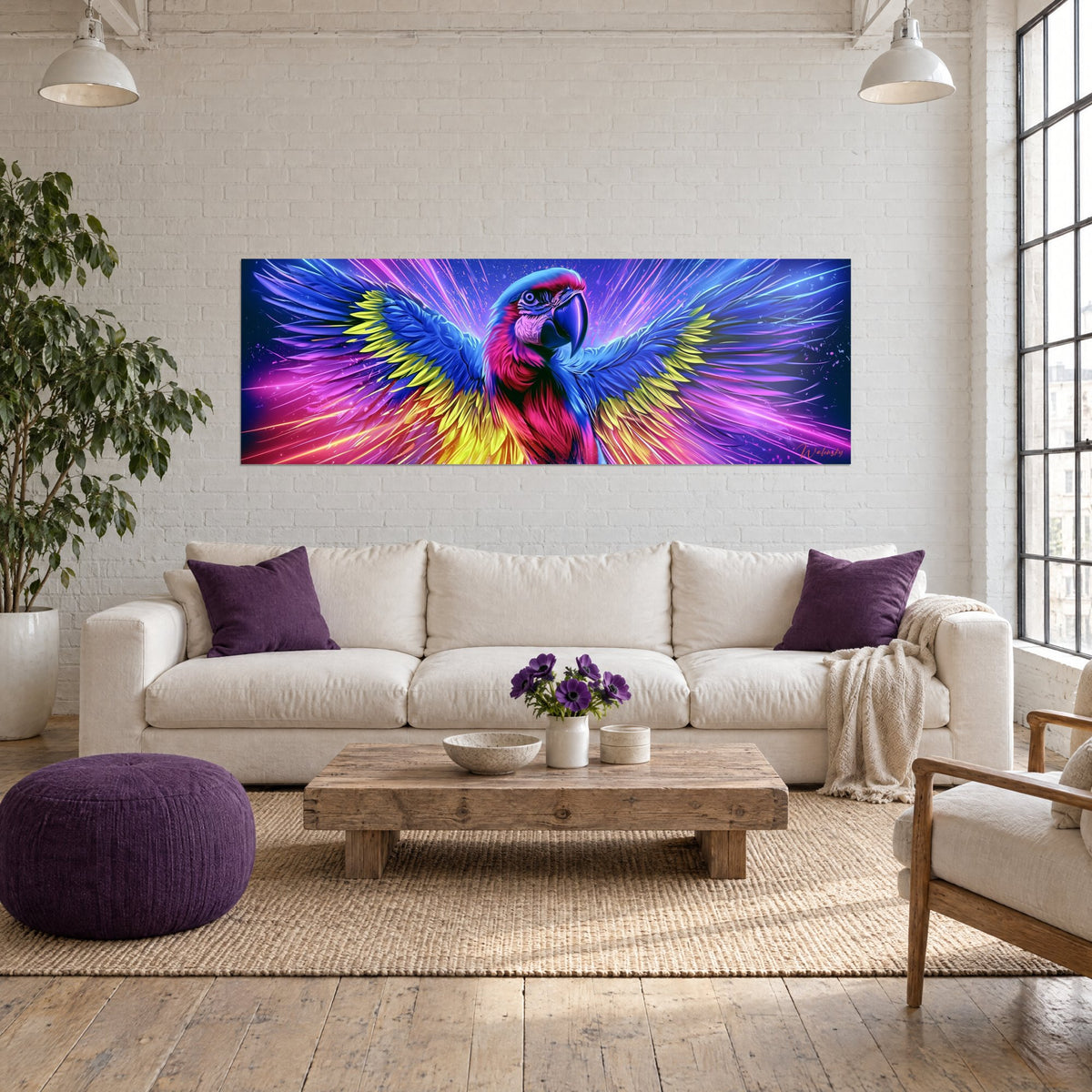 Gemälde Ara in Rot mit blau-gelben ausgebreiteten Flügeln, strahlende violette Blitze, über einem Sofa in einem hellen Wohnzimmer