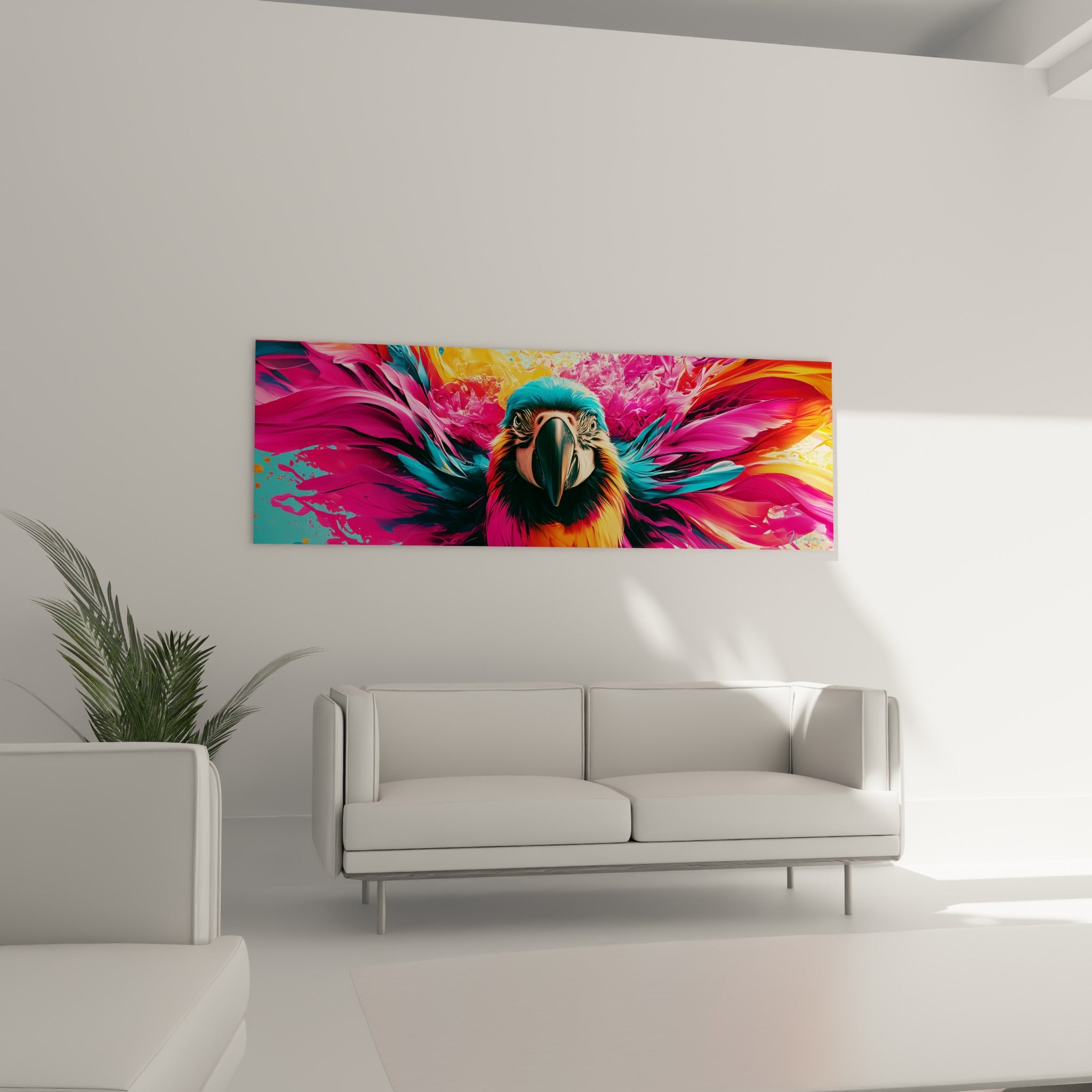 Oiseau tropical aux couleurs orange et magenta vibrantes, bec noir net, au-dessus d'un canapé dans un salon lumineux