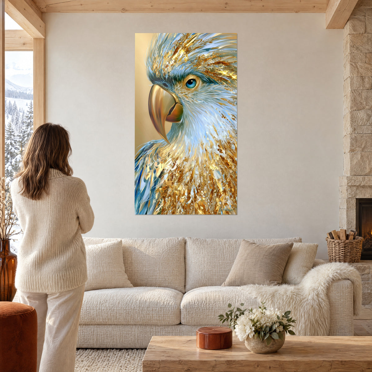 Wall art parrot with ice-blue and gold plumage, curved copper beak, above a sofa in a bright living room