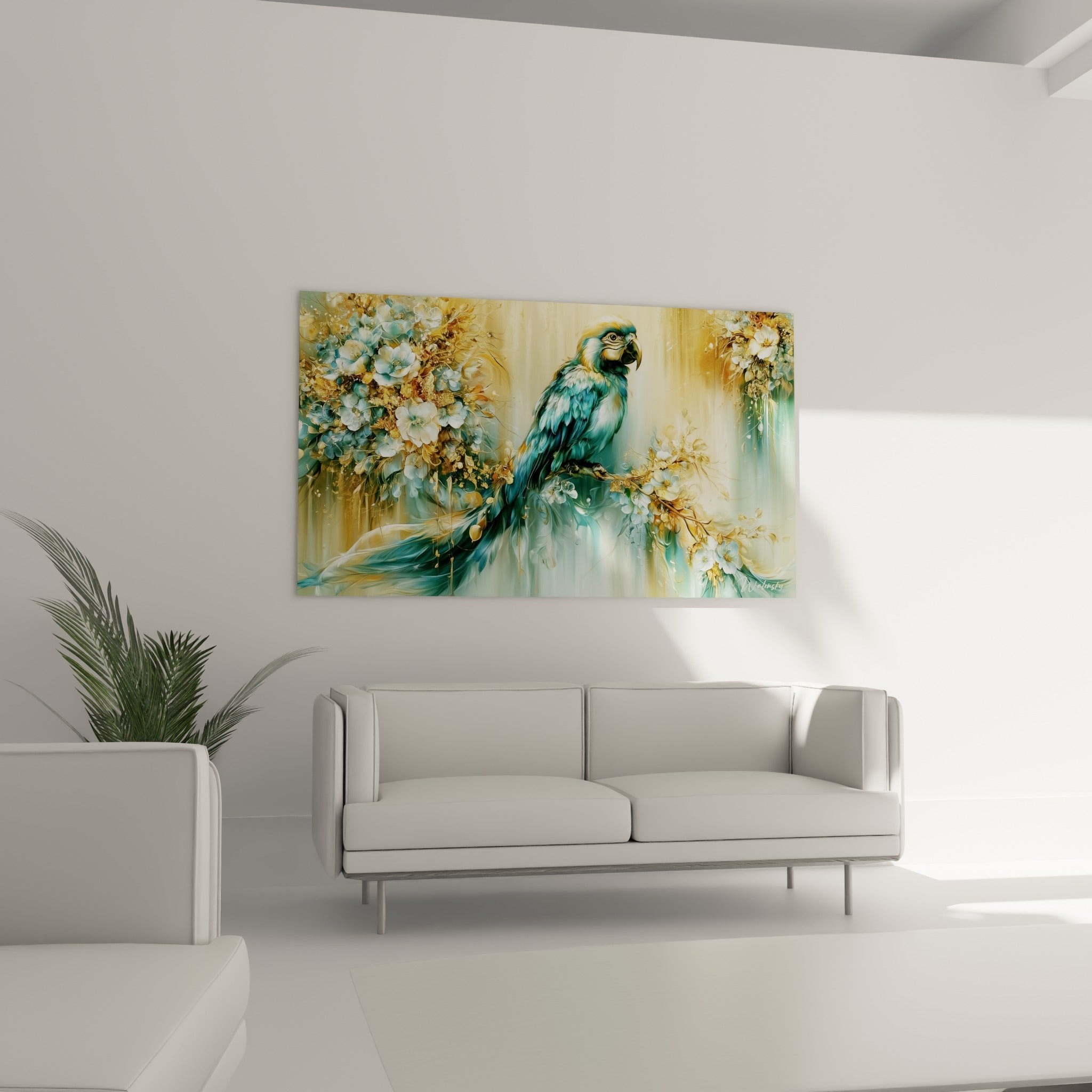 Plumage bleu pastel et doré d'un perroquet parmi des fleurs ivoire, au-dessus d'un canapé dans un salon lumineux