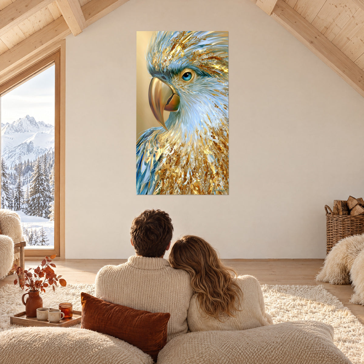 Wall art cockatoo sculpted with ochre, ice-blue and white feathers, wall of an attic mezzanine overlooking the peaks