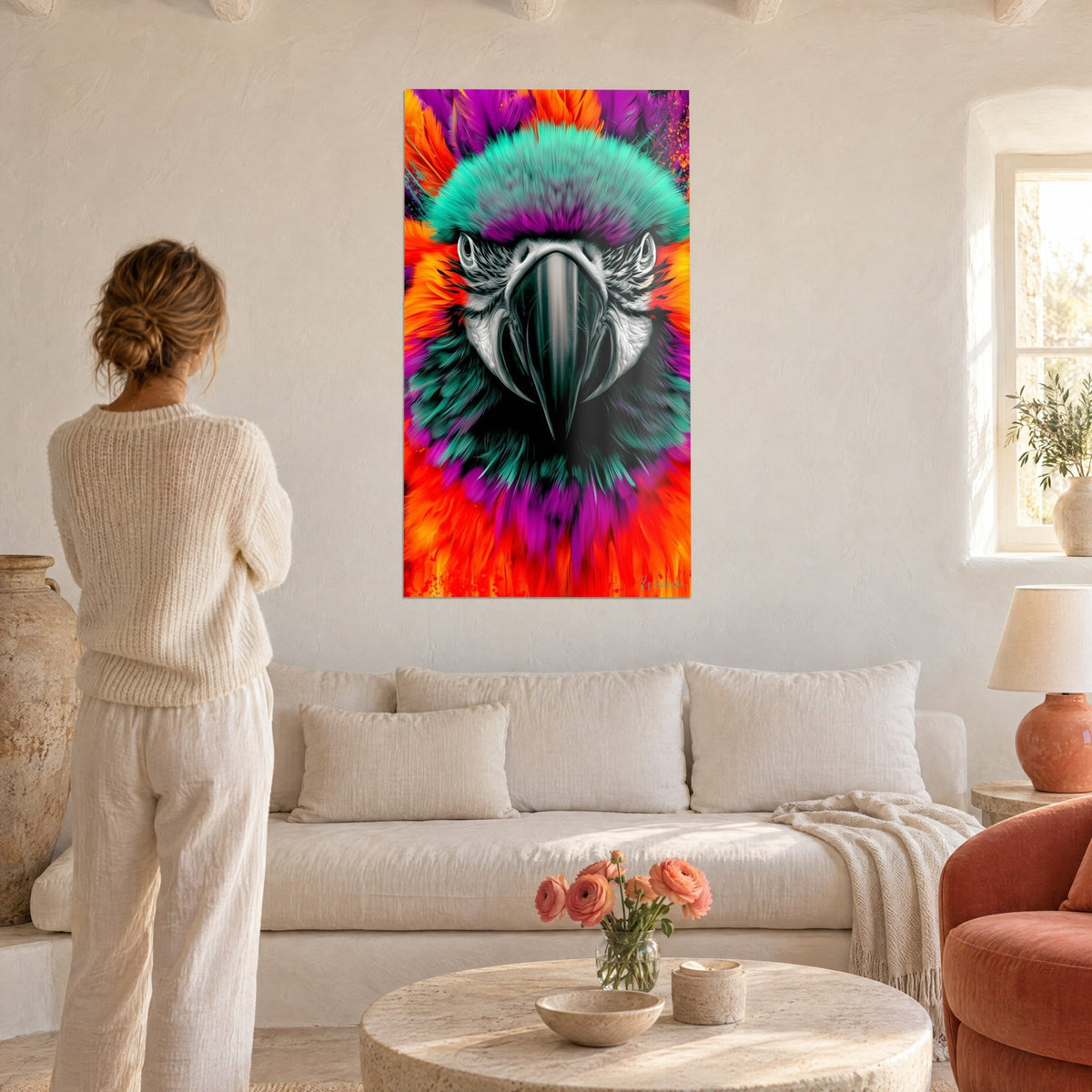 Tableau ara de face aux plumes turquoise et orange, bec argenté, femme de dos au-dessus d'un canapé dans un salon lumineux