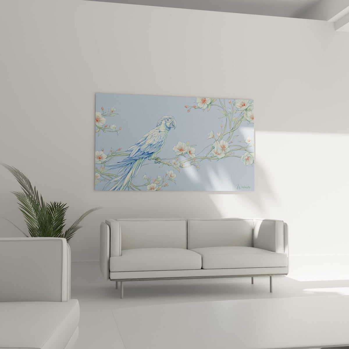 Perroquet bleu pastel entouré de fleurs blanches accroché au-dessus d'un canapé dans un salon lumineux