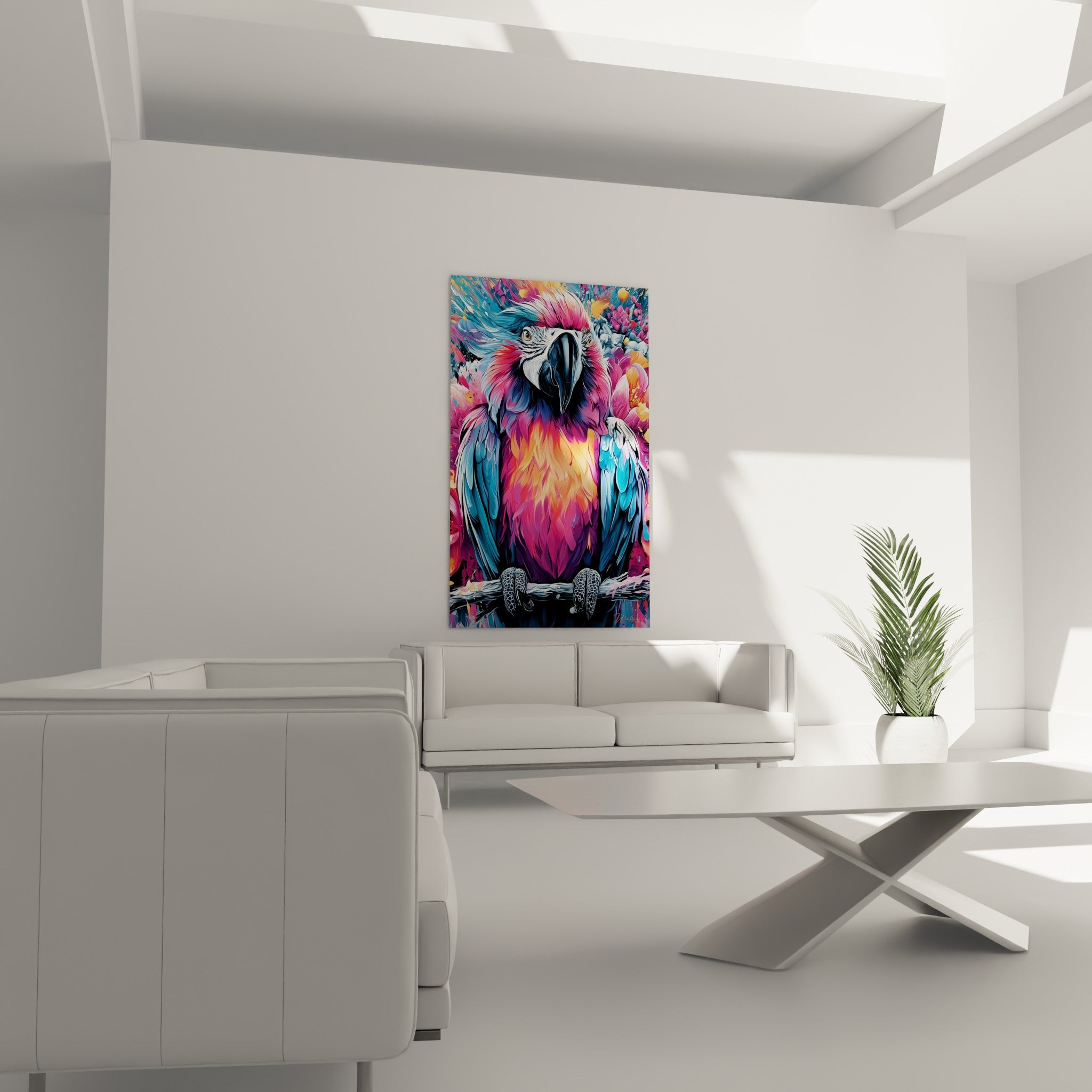 Plumage orangé et rose vif du perroquet aux ailes turquoise, au-dessus d'un canapé dans un salon lumineux