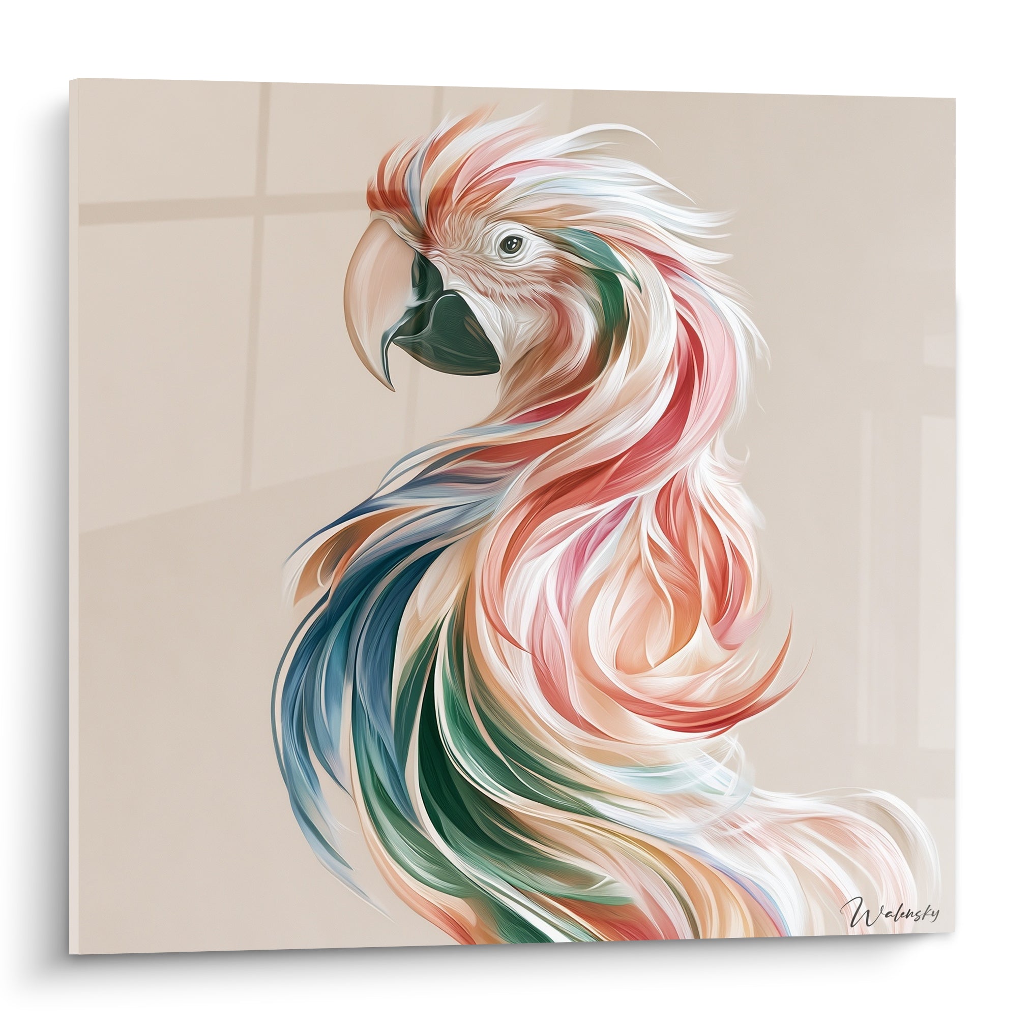 Perroquet de profil aux plumes rose, vert et bleu marine fluides sur fond beige clair