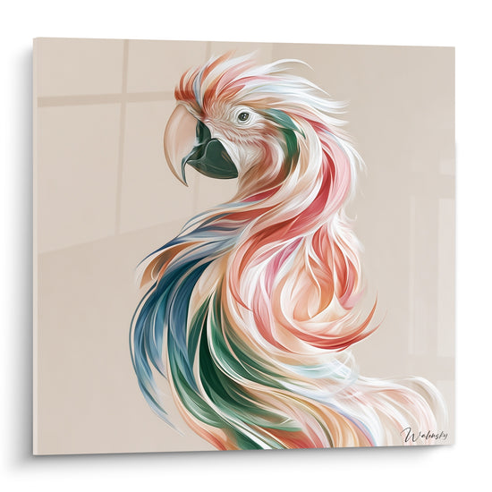 Perroquet de profil aux plumes rose, vert et bleu marine fluides sur fond beige clair