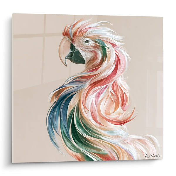 Tableau Perroquet aux plumes fluides rose et vert - Envol suspendu - Edition Perroquet