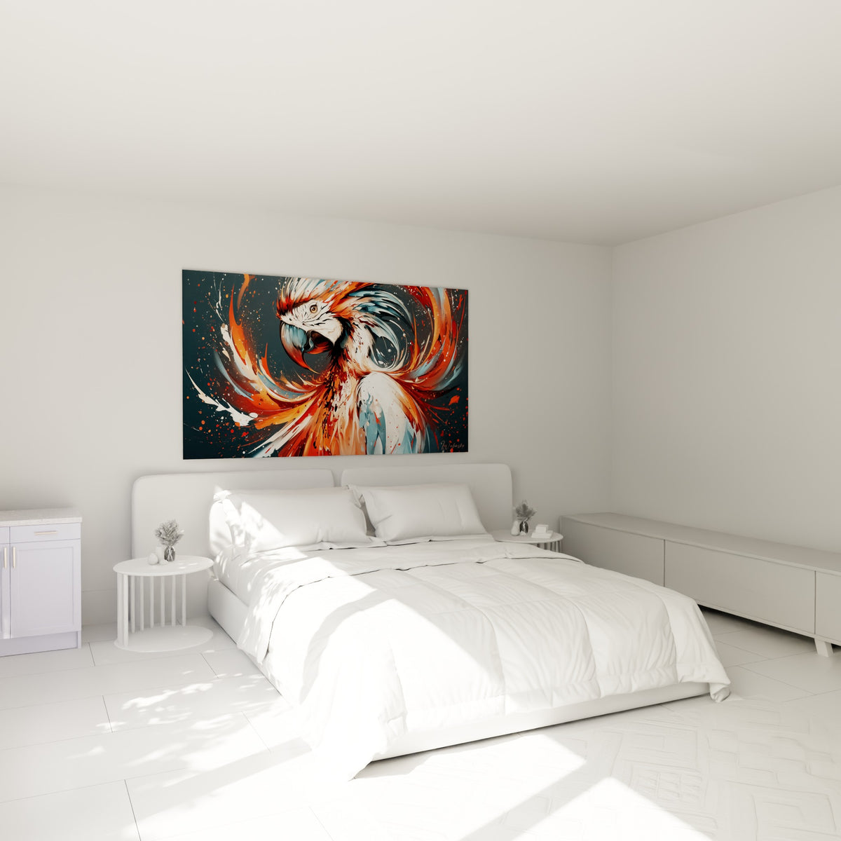 Oiseau exotique orange et bleu au bec ouvert, accroché au-dessus d'un lit dans une chambre claire