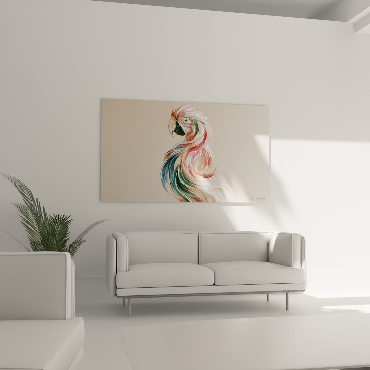 Perroquet au plumage vert émeraude et doré placé au-dessus d'un canapé dans un salon lumineux