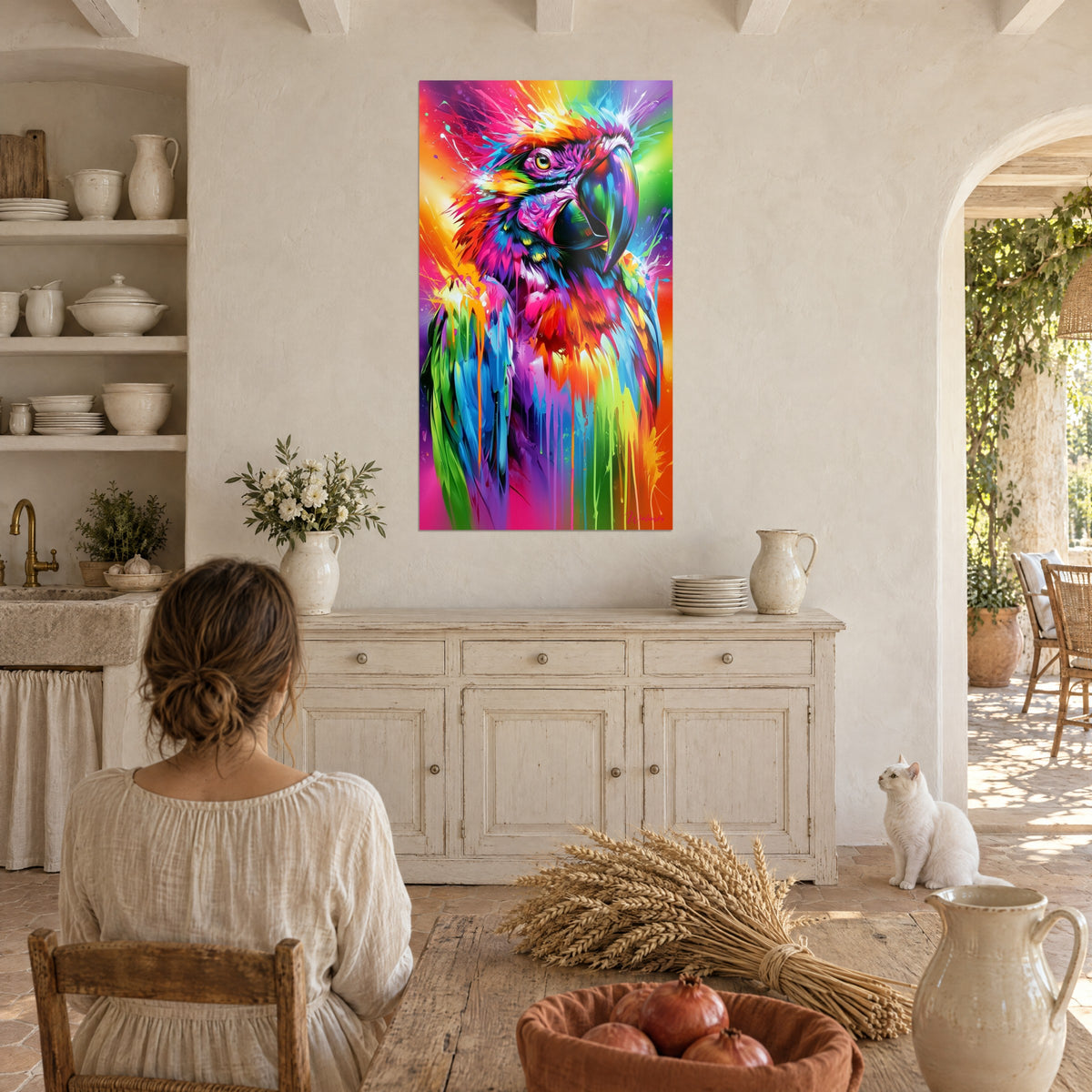 Tableau ara aux plumes arc-en-ciel violet et orange, une femme de dos près d'une commode, chat blanc assis, mas provençal