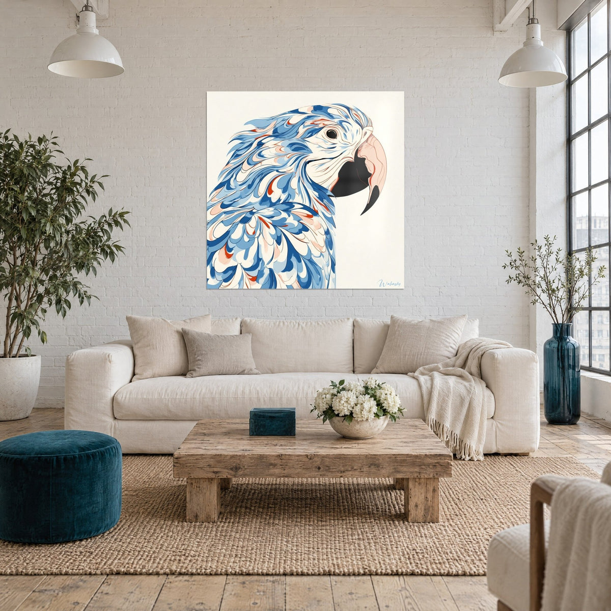 Wall art parrot with stylized blue and coral feathers, pink beak on a cream background, above a sofa in a bright living room