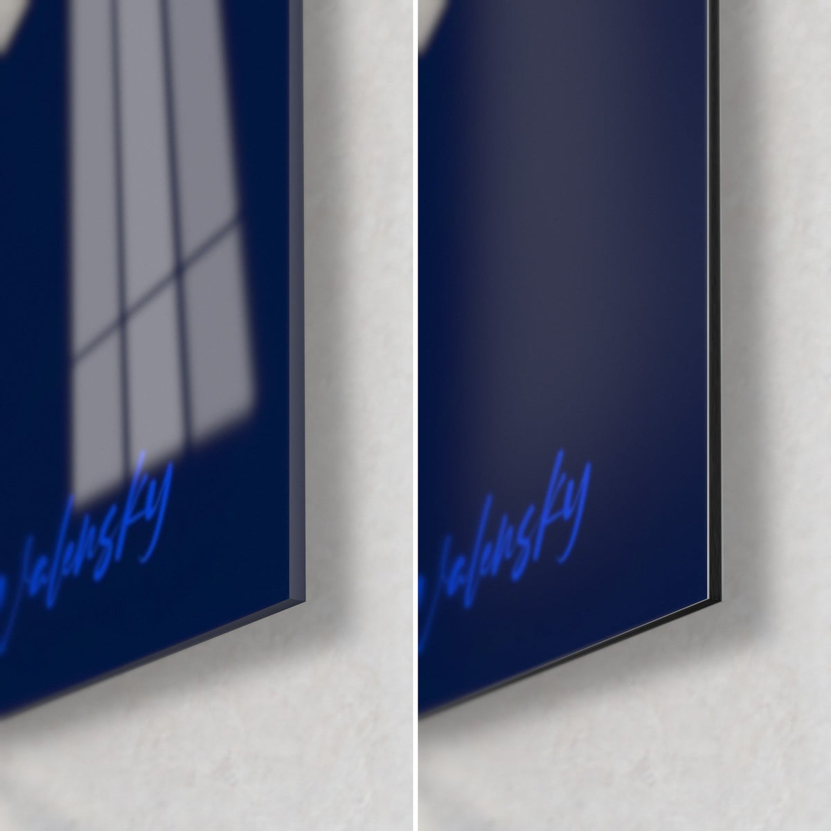 Wall art fluorescent parrot, bottom right corner: glossy acrylic glass with highlights and matte Dibond aluminum, midnight blue background, Walensky signature
