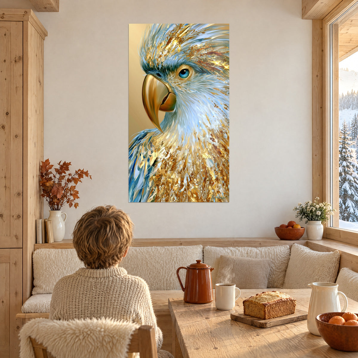Wall art bird with curved copper beak, pearlescent sky-blue and gold plumage, light wood panelling of a chalet lounge