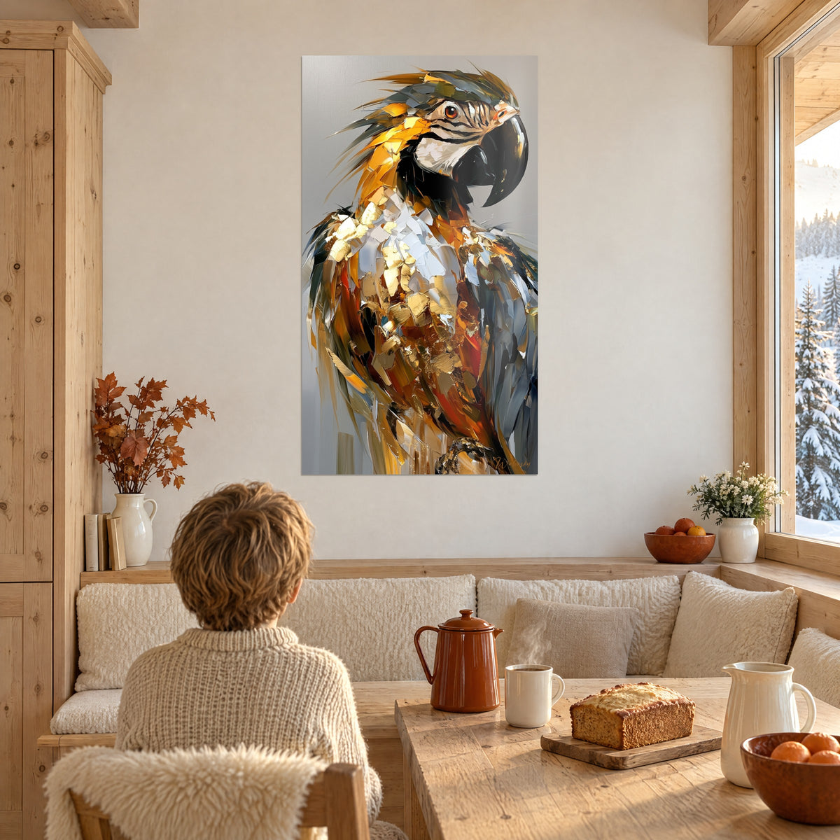 Tableau grand perroquet au plumage d'or martelé et gris acier, regard orangé, enfant de dos devant, cuisine claire d'un chalet