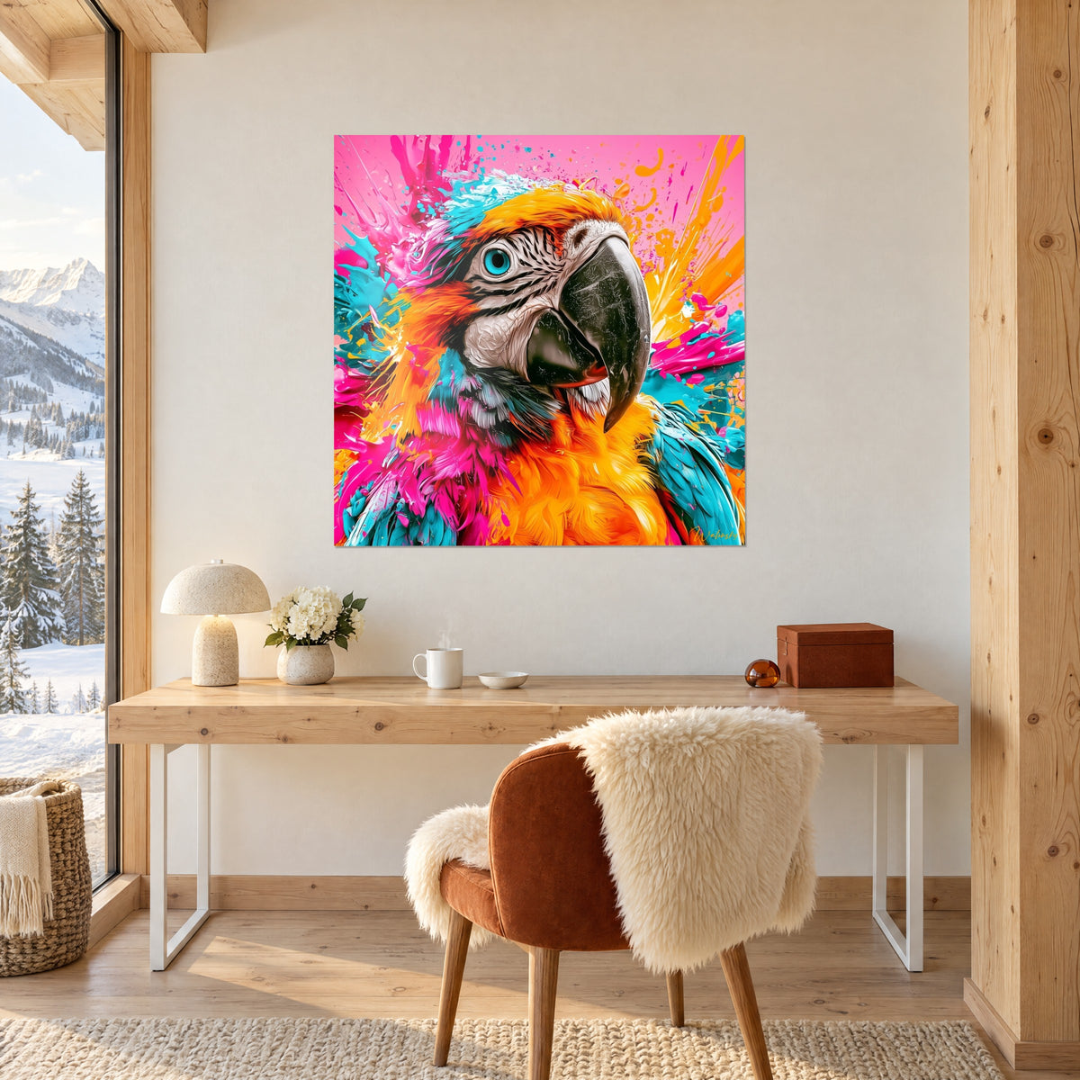 Tableau ara à la face blanche rayée de noir et au bec courbe, éclats roses et jaunes, au-dessus d'un bureau en bois clair près d'un fauteuil