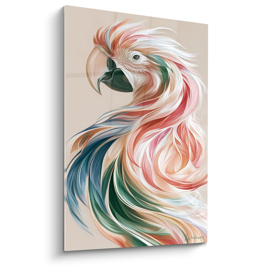 Perroquet de profil aux plumes rose poudré, corail et vert sauge en mouvement fluide sur fond beige