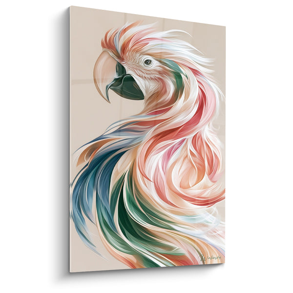 Tableau Perroquet corail et vert aux mèches vaporeuses - Chevelure de plumes soyeuses - Edition Perroquet