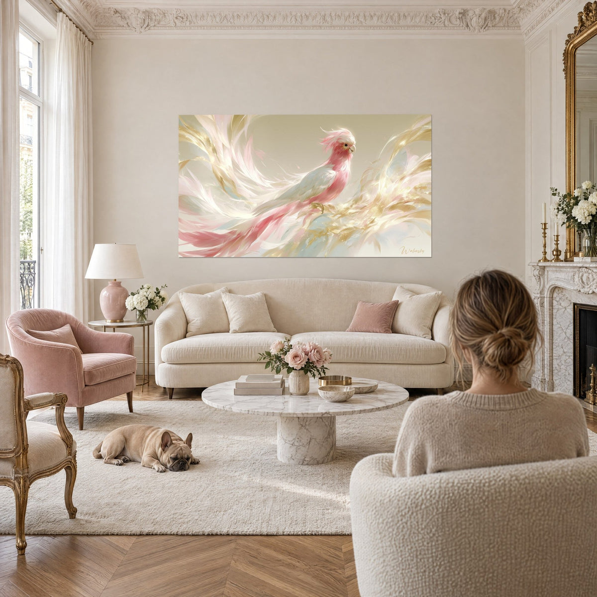 Cuadro cacatúa rosa con plumas crema en vuelo y reflejos dorados, mujer de espaldas y bulldog, encima de un sofá en un salón luminoso