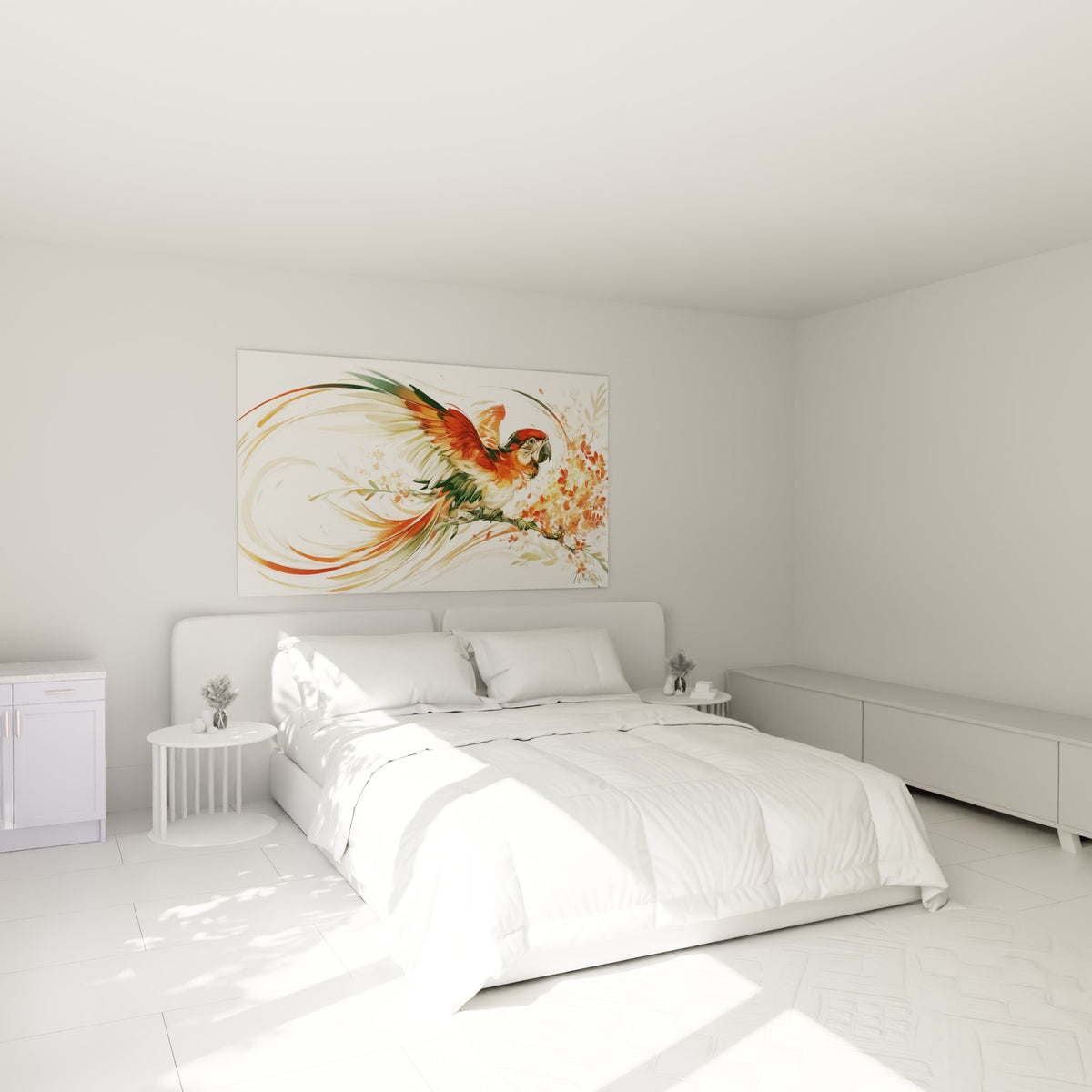 Ara aux ailes déployées, rouge et vert olive, accroché au-dessus d'un lit dans une chambre claire