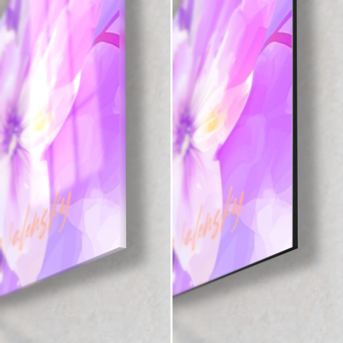 Tableau oiseau exotique, fleur lilas en bas à droite, verre brillant à gauche, Dibond mat noir à droite, tranche de 3 mm