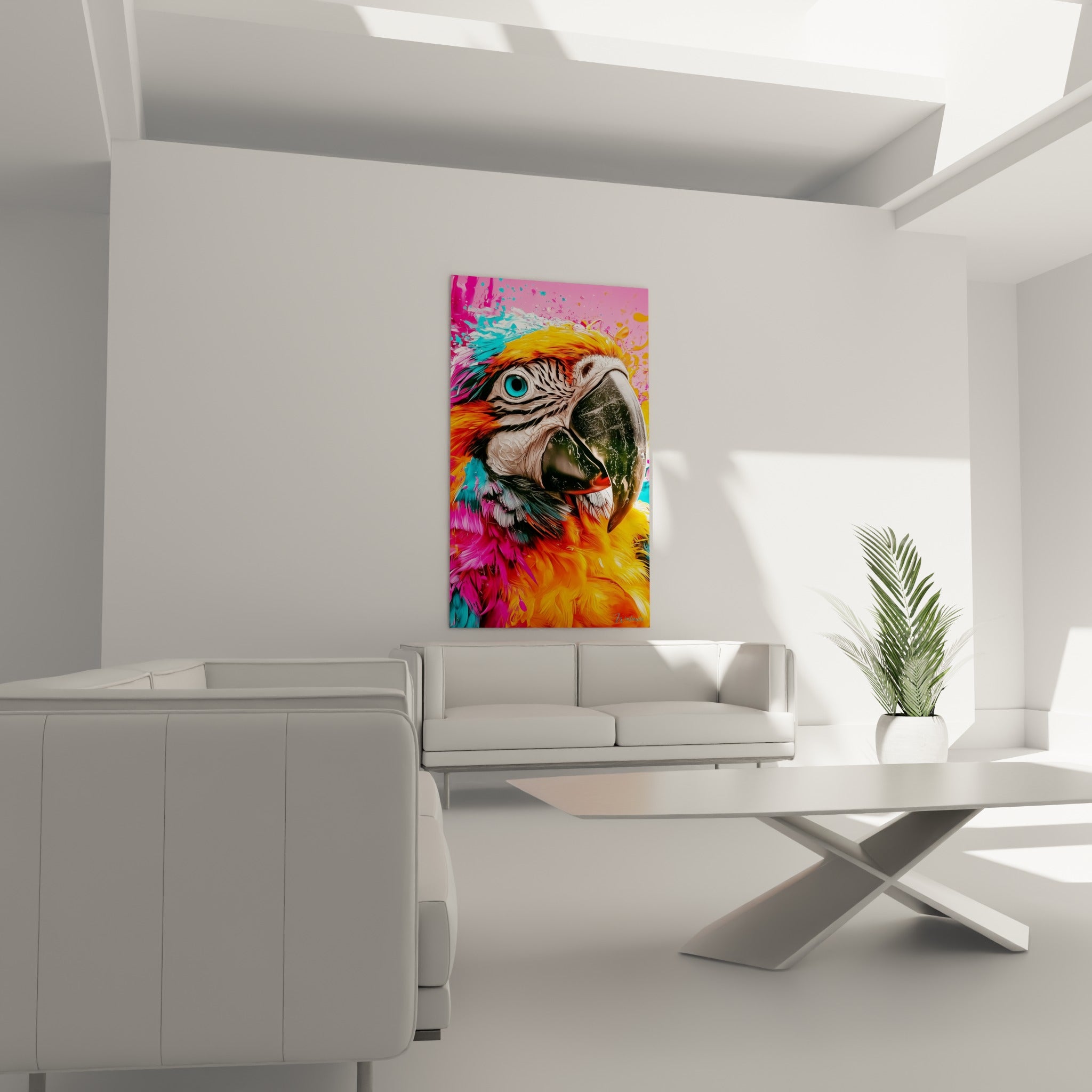 Oiseau tropical rose vif et orangé, bec noir texturé, suspendu au-dessus d'un canapé dans un salon lumineux
