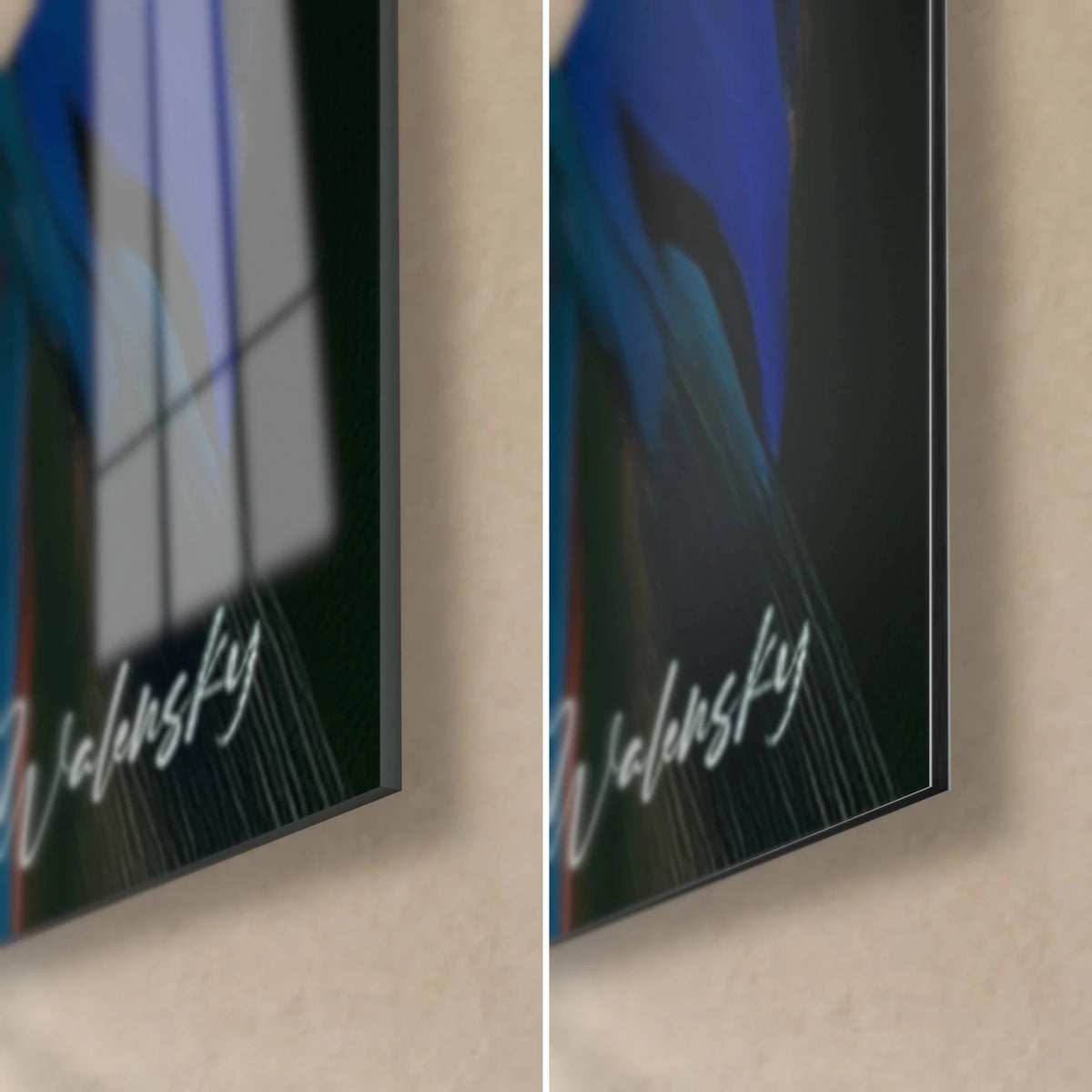 Gemälde eines roten und blauen Aras, untere rechte Ecke: glänzendes Acrylglas links, matt gebürstetes Dibond rechts, 3 mm Kante