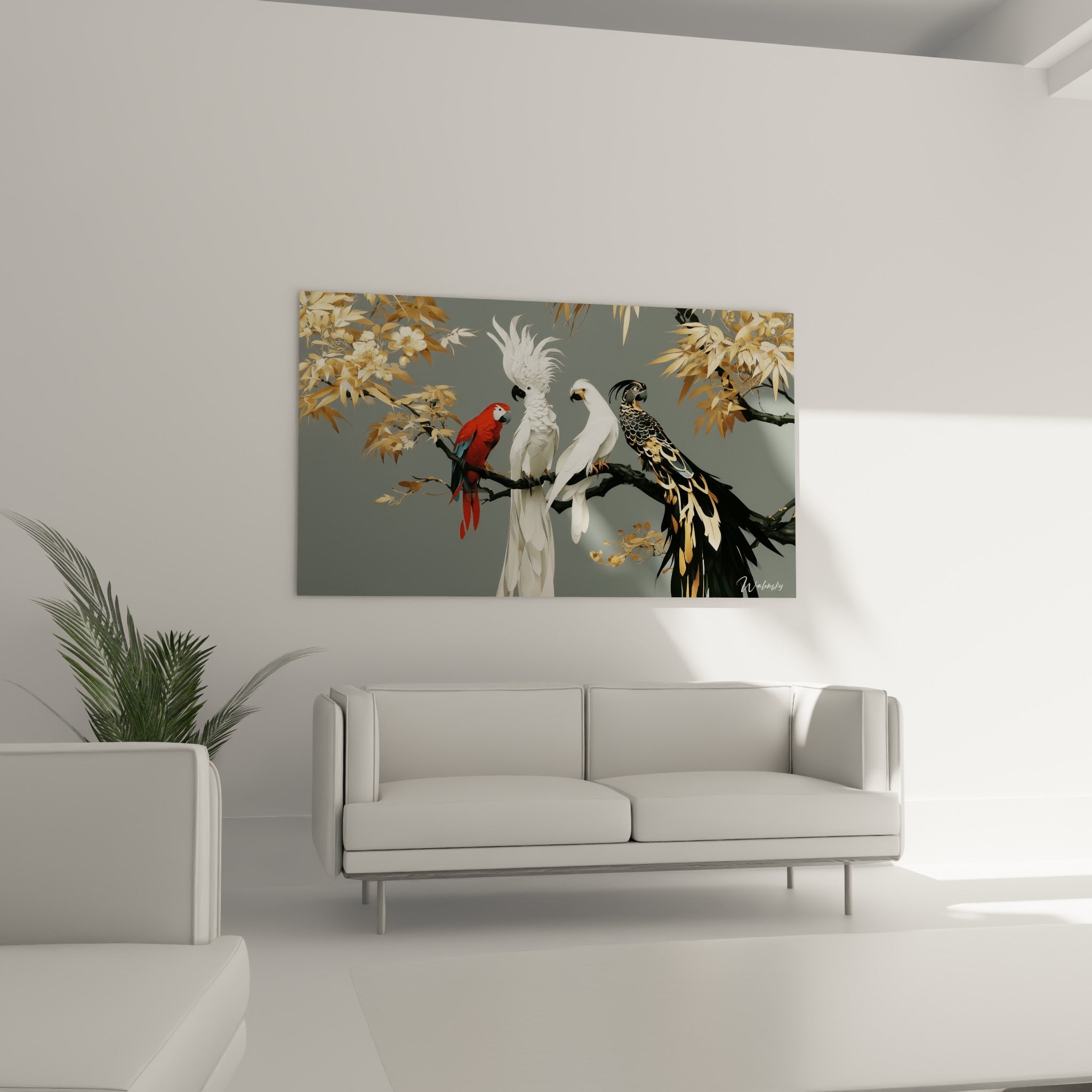 Quatre perroquets colorés perchés ensemble sur fond gris, au-dessus d'un canapé dans un salon lumineux