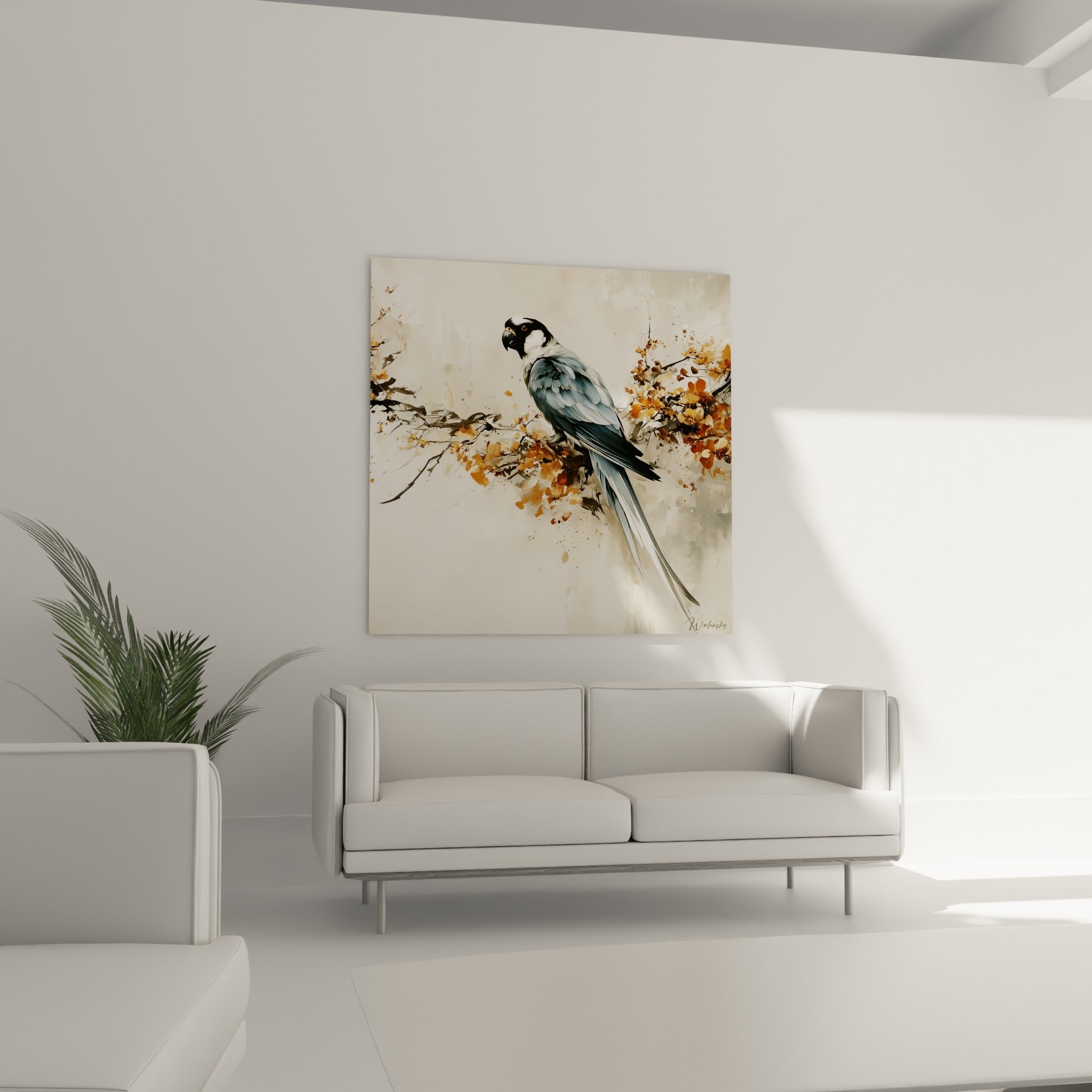 Perroquet aux plumes anthracite et queue effilée blanche sur une branche fleurie beige, au-dessus d'un canapé dans un salon lumineux