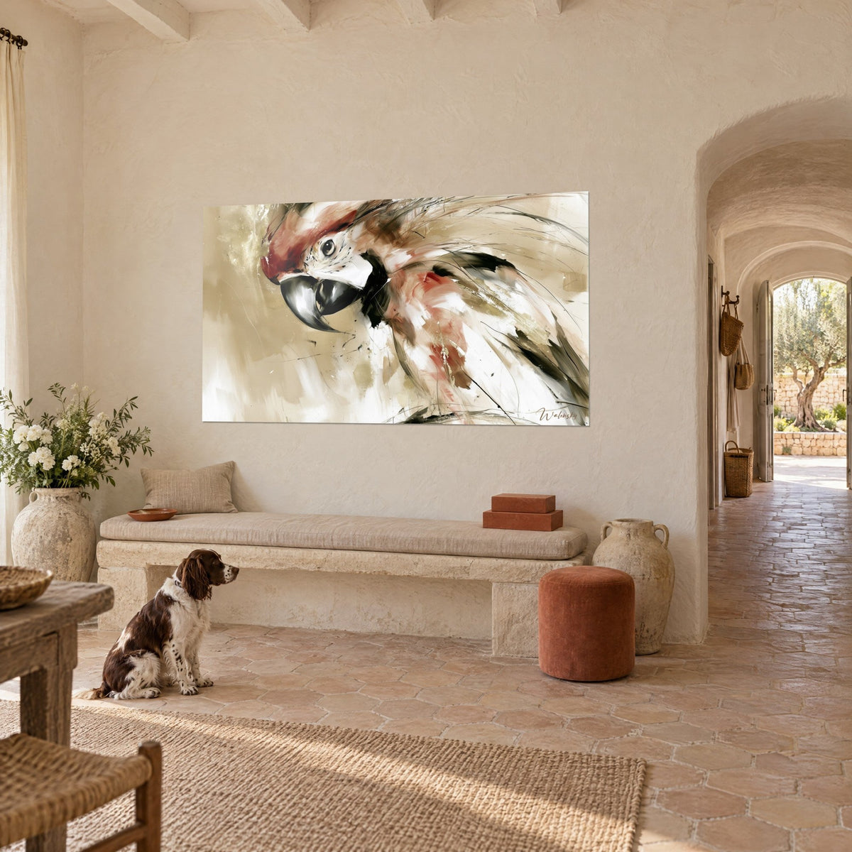 Wall art sketched parrot, ebony beak and brick-red crest on sand background, seated spaniel, Provençal farmhouse