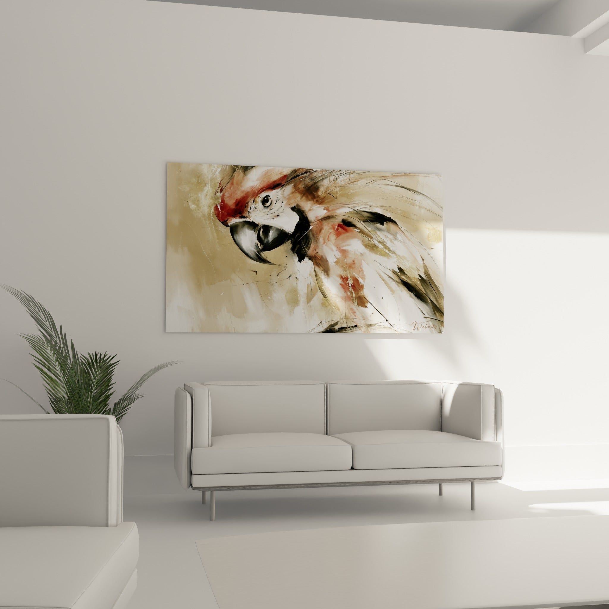 Regard perçant d'un perroquet aux tons ocre et anthracite, au-dessus d'un canapé dans un salon lumineux
