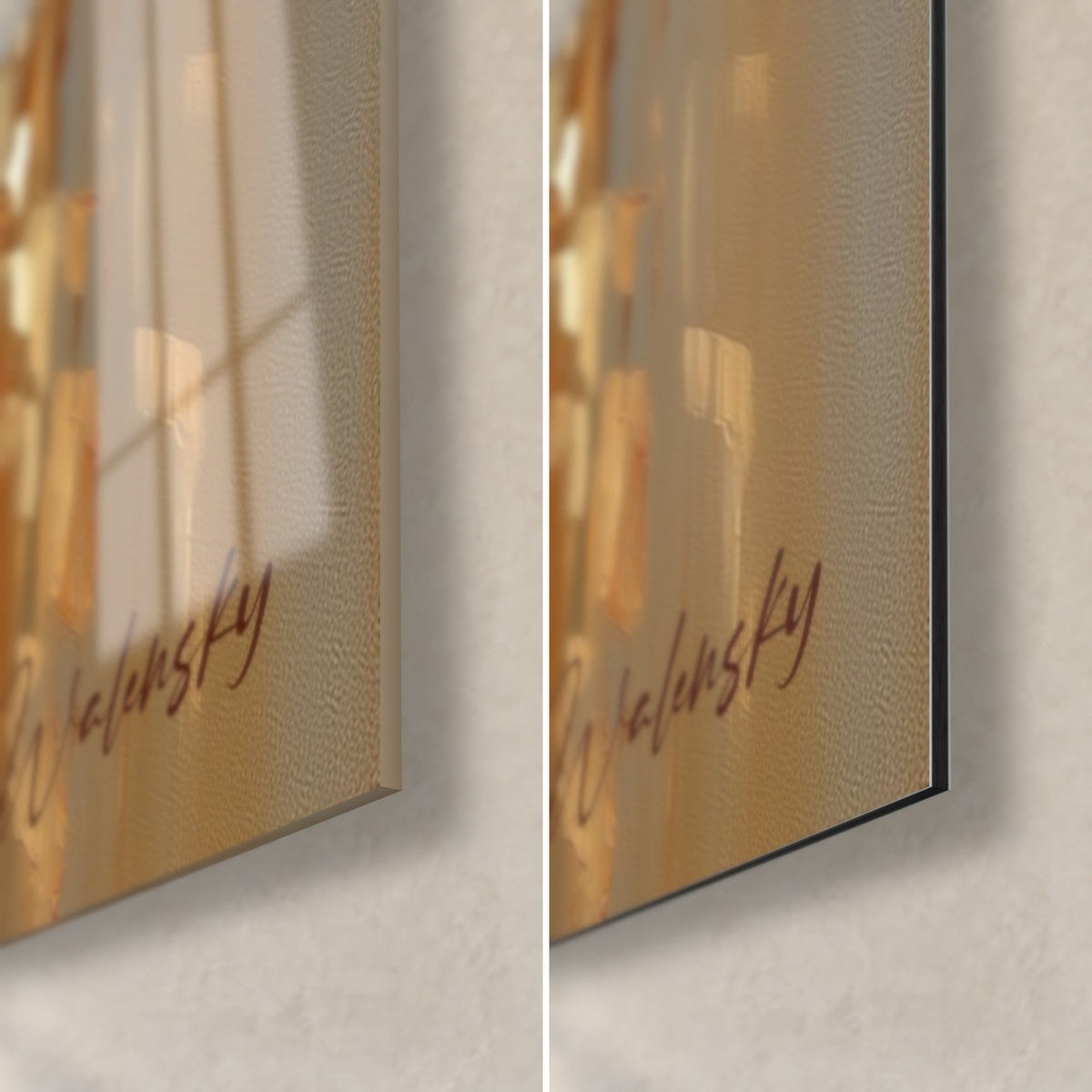 Wall art macaw on its golden perch, bottom-right corner: glossy acrylic glass reflecting the light, matte Dibond aluminium and 3 mm edge