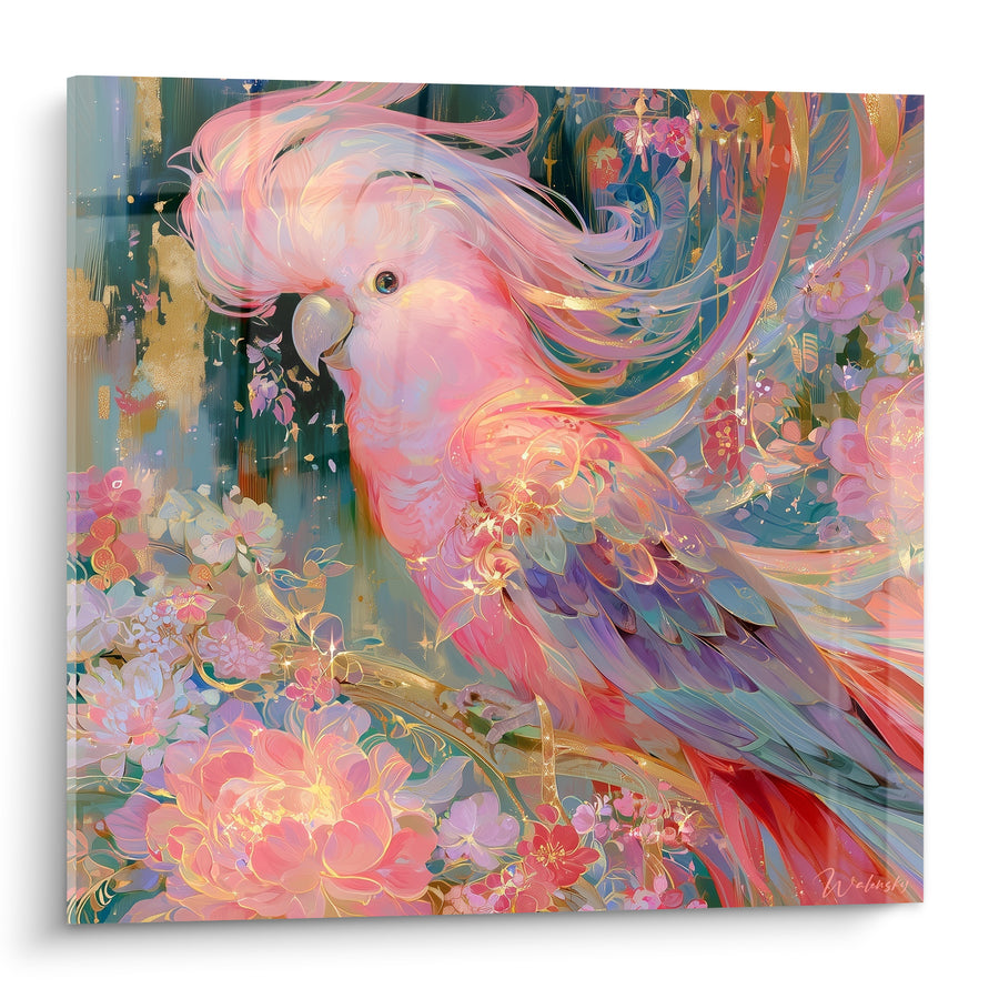 Tableau Cacatoès rose et doré parmi les pivoines - Parade printanière - Edition Perroquet