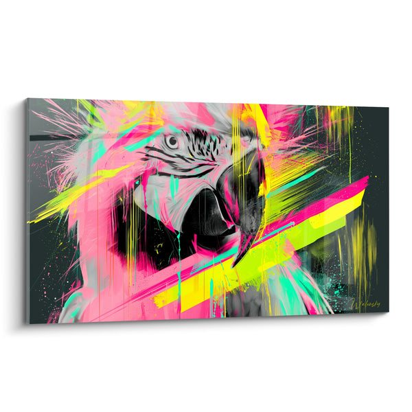 Tableau Perroquet rose et jaune fluo éclaboussé - Cri fluorescent - Edition Perroquet