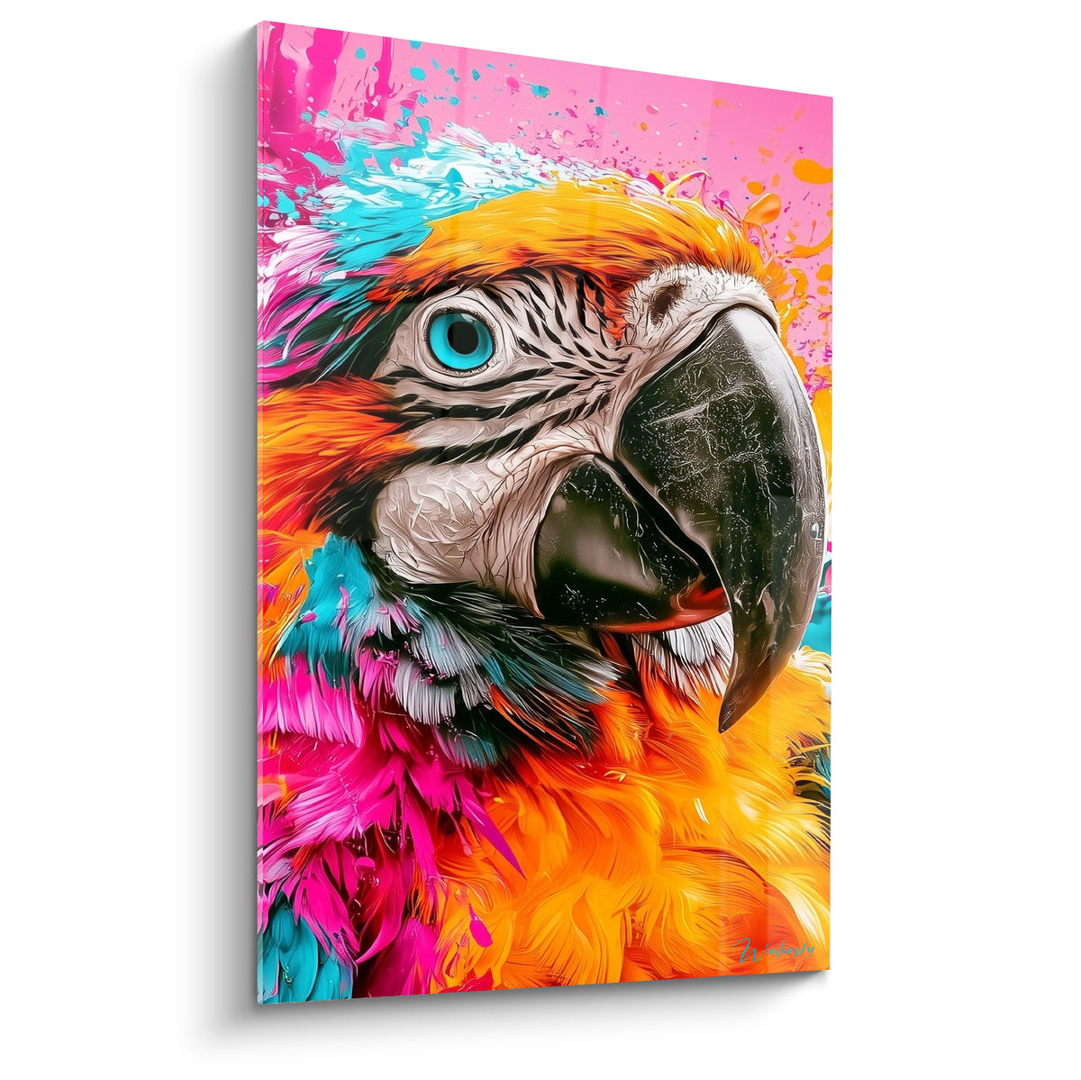 Perroquet macaw aux plumes orangées et roses, bec anthracite, éclaboussures turquoise en fond éclaté