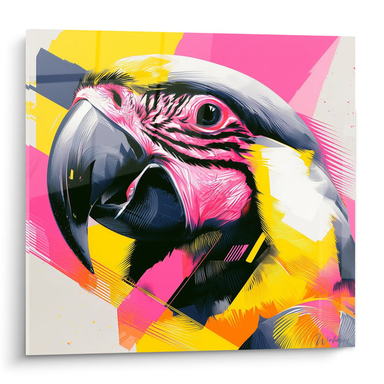 Perroquet au bec anthracite et plumage rose fuchsia sur fond jaune vif, style graphique éclatant