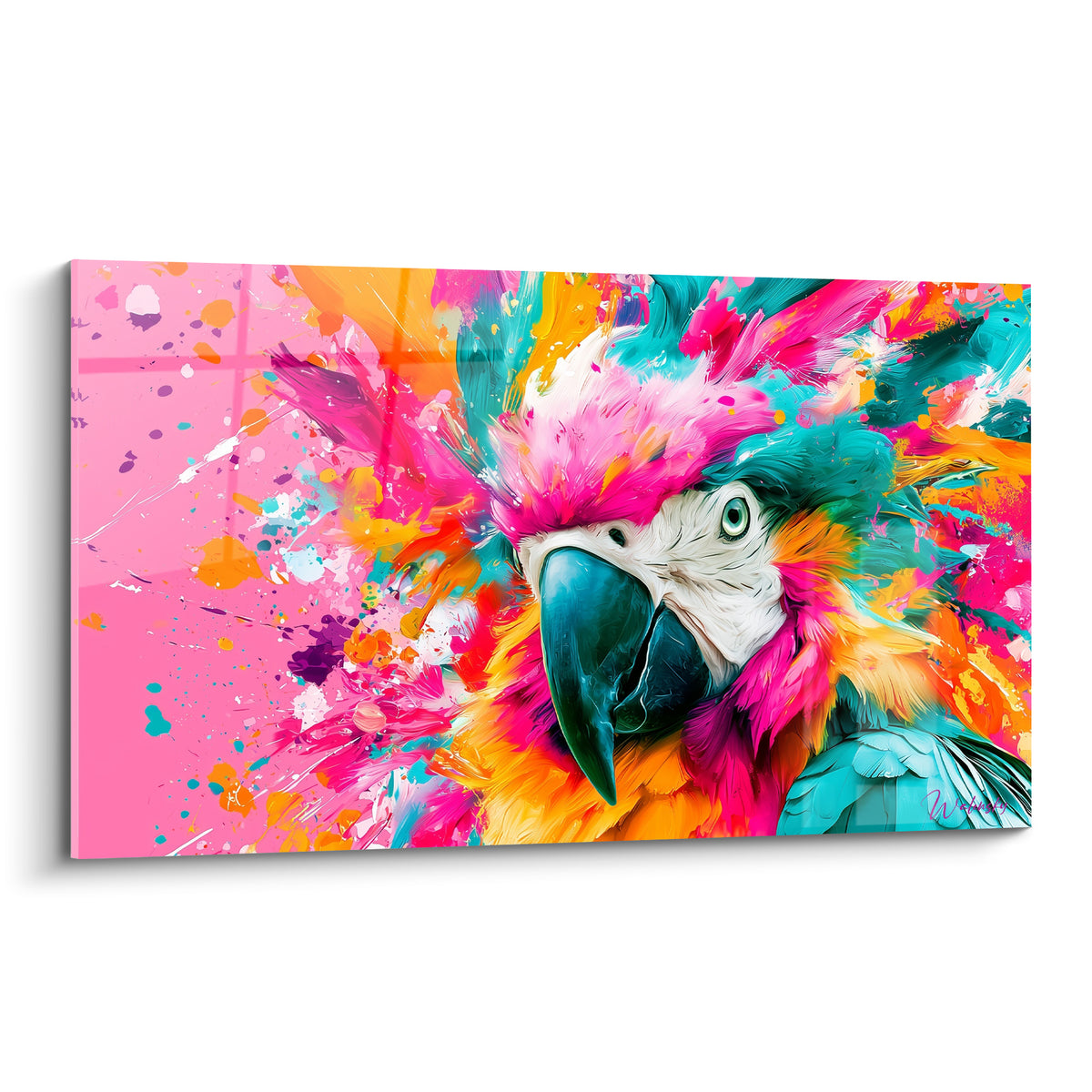 Perroquet aux plumes éclatées de rose fuchsia et turquoise sur fond rose éclaboussé