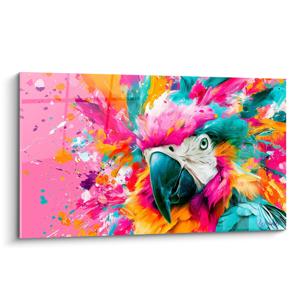 Tableau Ara rose et turquoise au fond éclaboussé - Visage blanc lumineux - Edition Perroquet