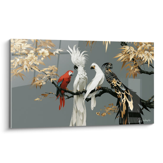 Perroquet rouge et cacatoès blancs perchés sur branche noire, feuillage doré, fond gris perle