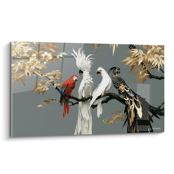 Tableau Perroquets rouges et blancs sur branche dorée - Conseil des cimes - Edition Perroquet