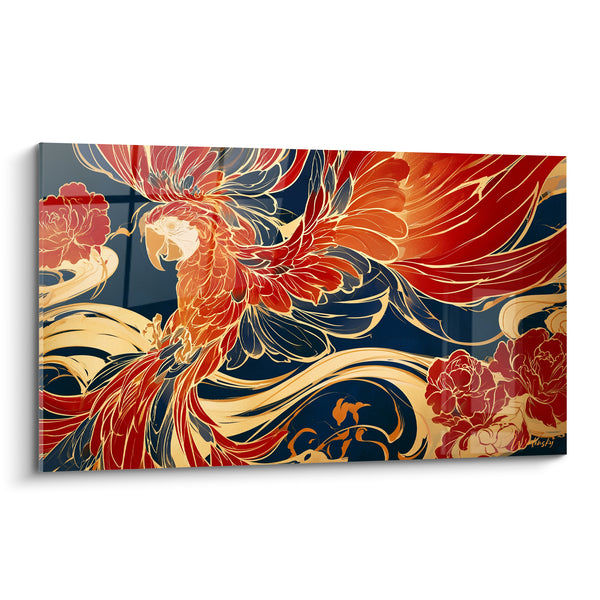 Ara Red and Navy Blue Among Golden Peonies - Stylized Oriental Volutes - Perroquet Edition
