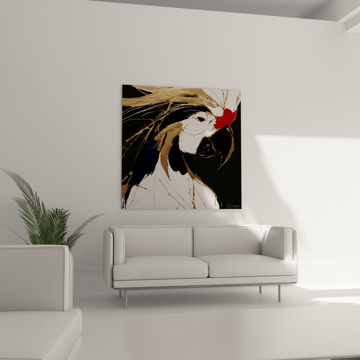 Perroquet aux coulures dorées et éclat rouge, accroché au-dessus d'un canapé dans un salon lumineux